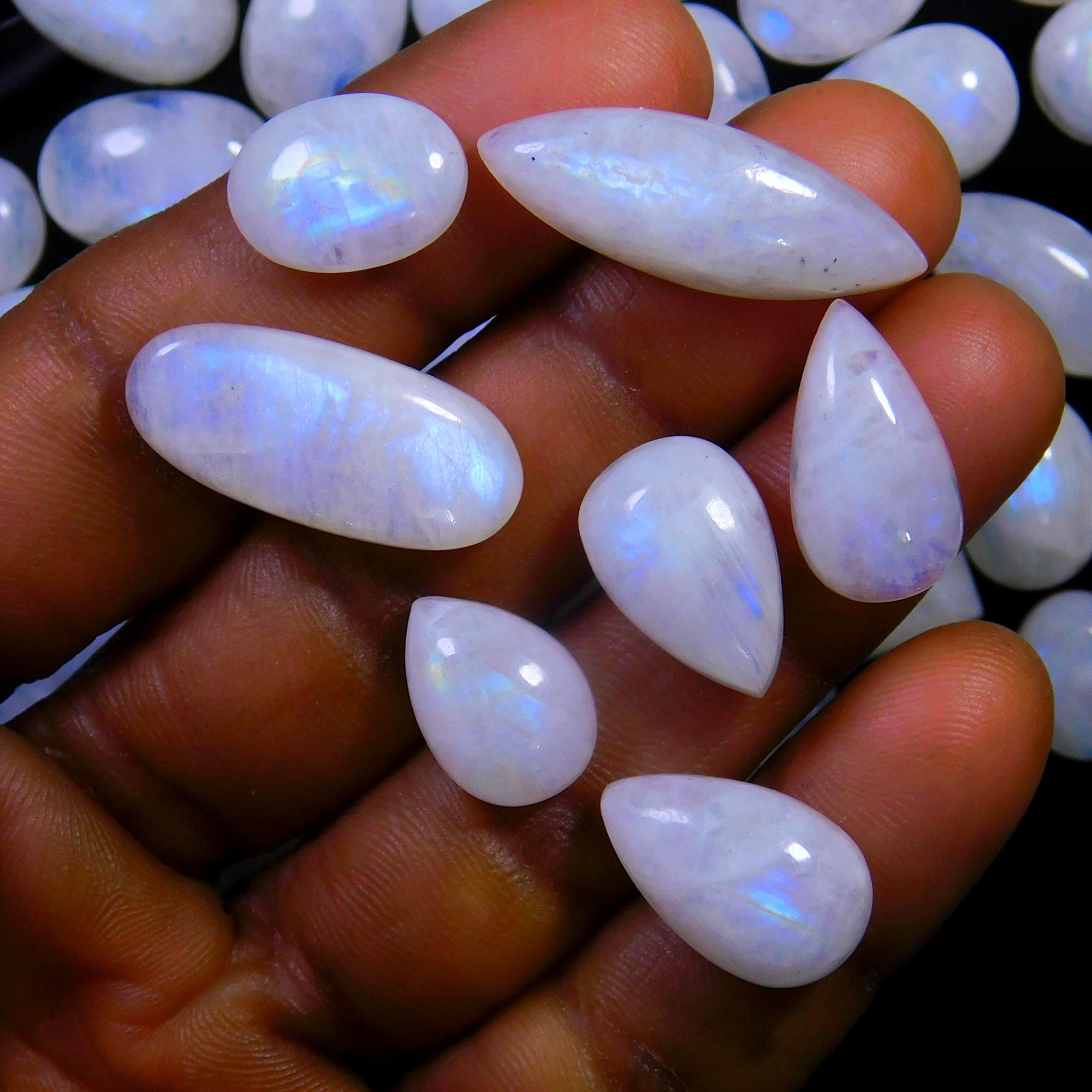 81 Pcs 549 Cts Natural Rainbow Moonstone Gemstone Cabochon Lot 9x9-26x8mm13978