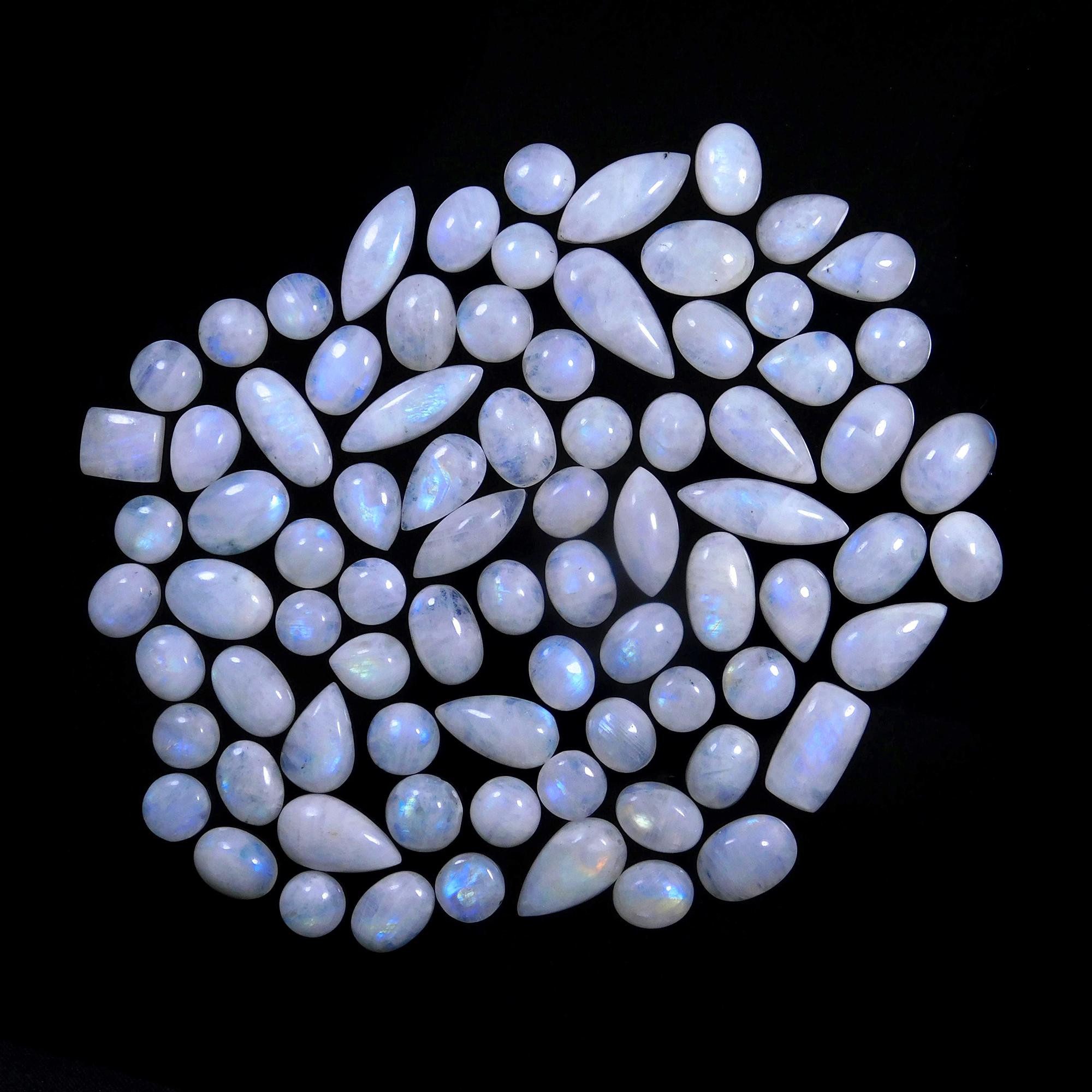 80 Pcs 533 Cts Natural Rainbow Moonstone Gemstone Cabochon Lot 9x9-24x10mm13979
