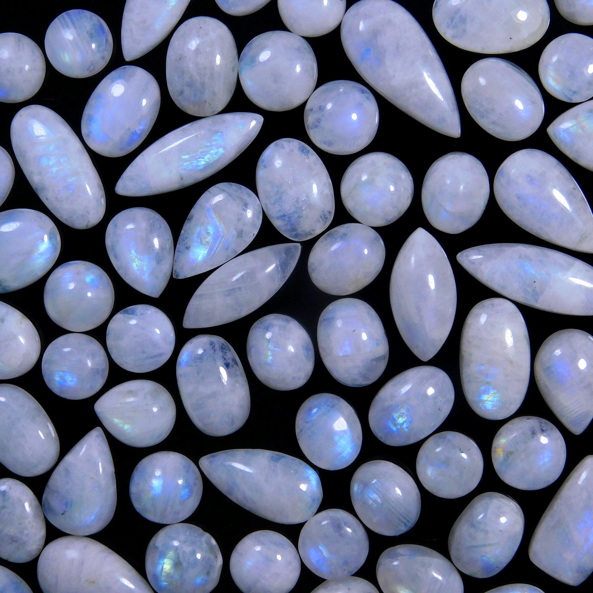 80 Pcs 533 Cts Natural Rainbow Moonstone Gemstone Cabochon Lot 9x9-24x10mmR-13979