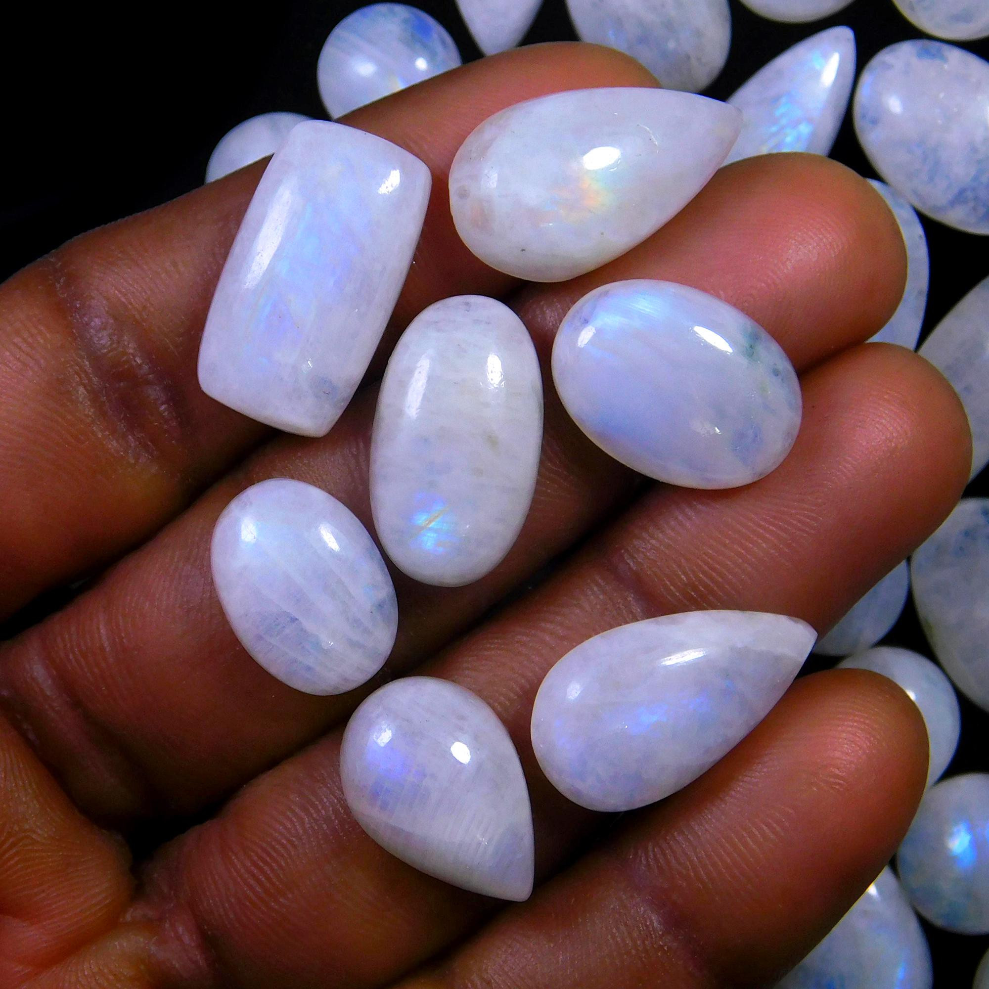 80 Pcs 533 Cts Natural Rainbow Moonstone Gemstone Cabochon Lot 9x9-24x10mmR-13979