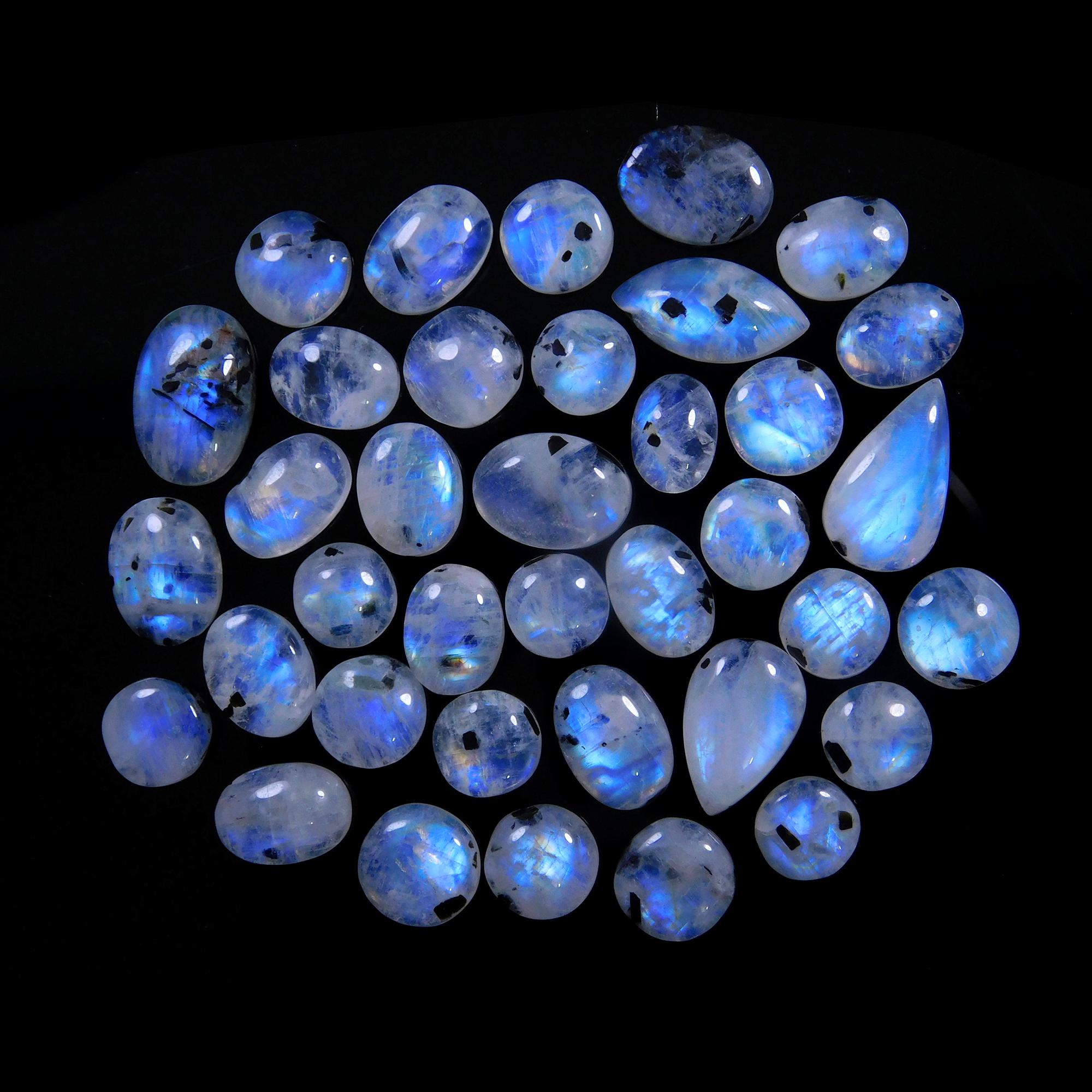 37 Pcs 123 Cts Natural Rainbow Moonstone Gemstone Cabochon Lot 7x7-14x9mm13982