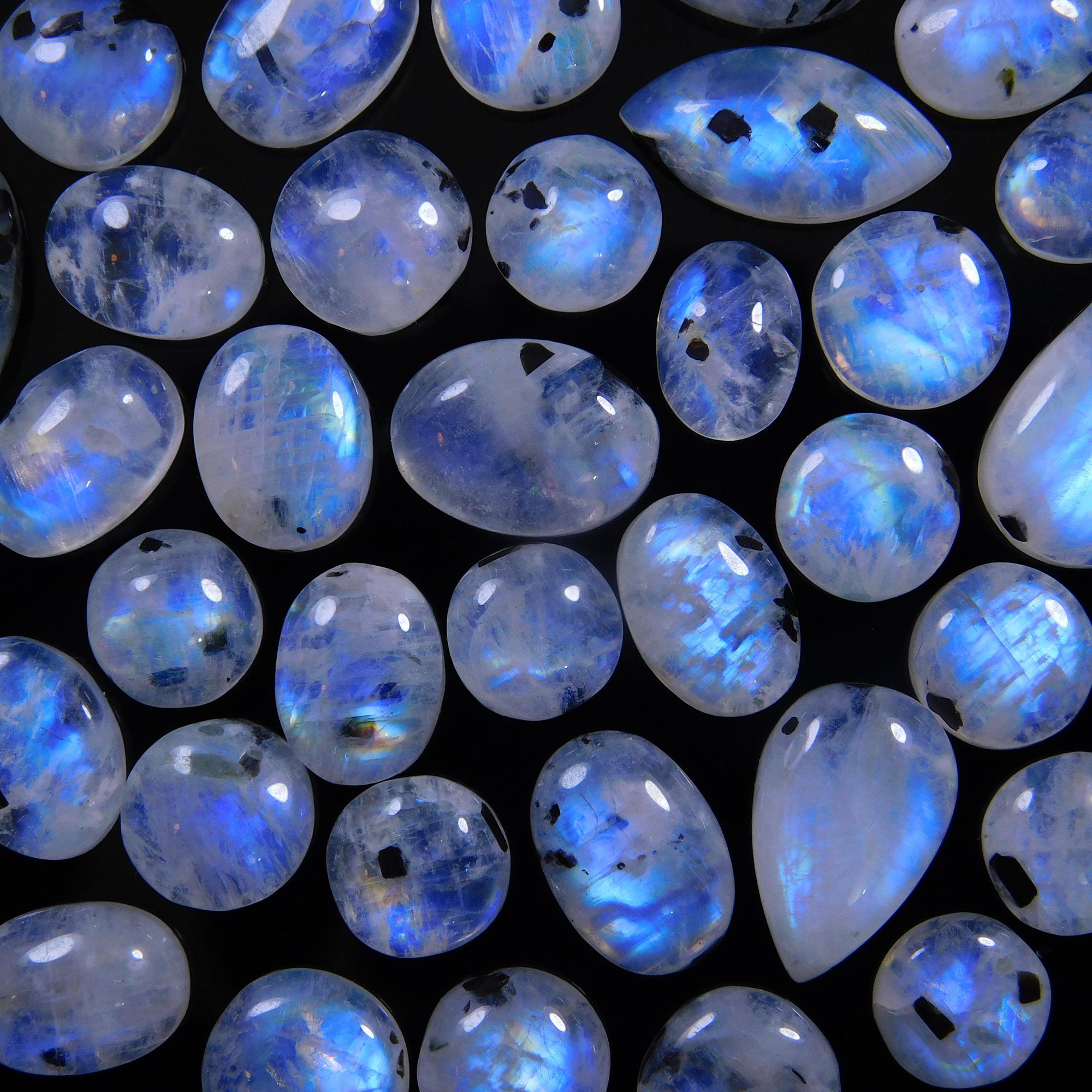 37 Pcs 123 Cts Natural Rainbow Moonstone Gemstone Cabochon Lot 7x7-14x9mm13982