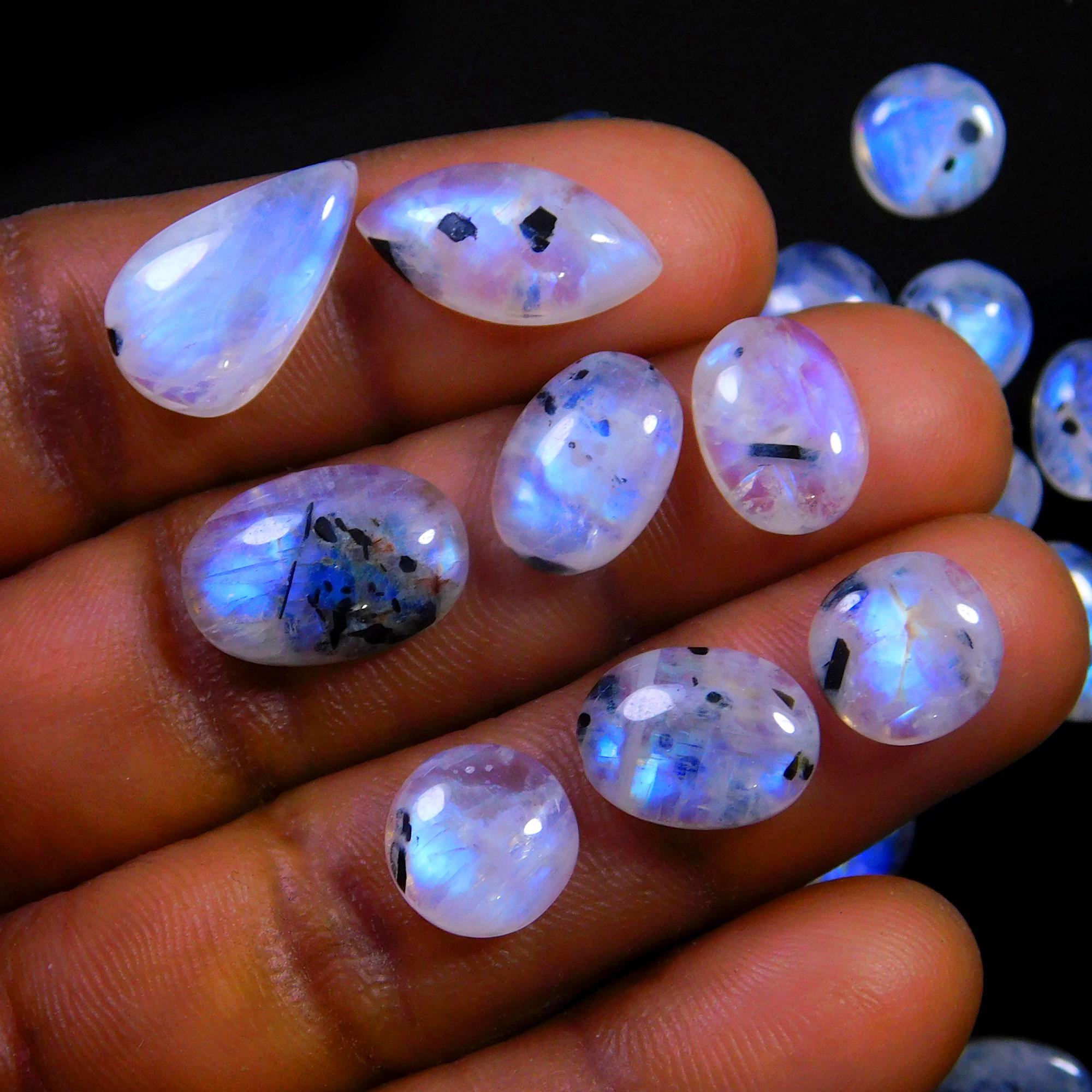 37 Pcs 123 Cts Natural Rainbow Moonstone Gemstone Cabochon Lot 7x7-14x9mm13982
