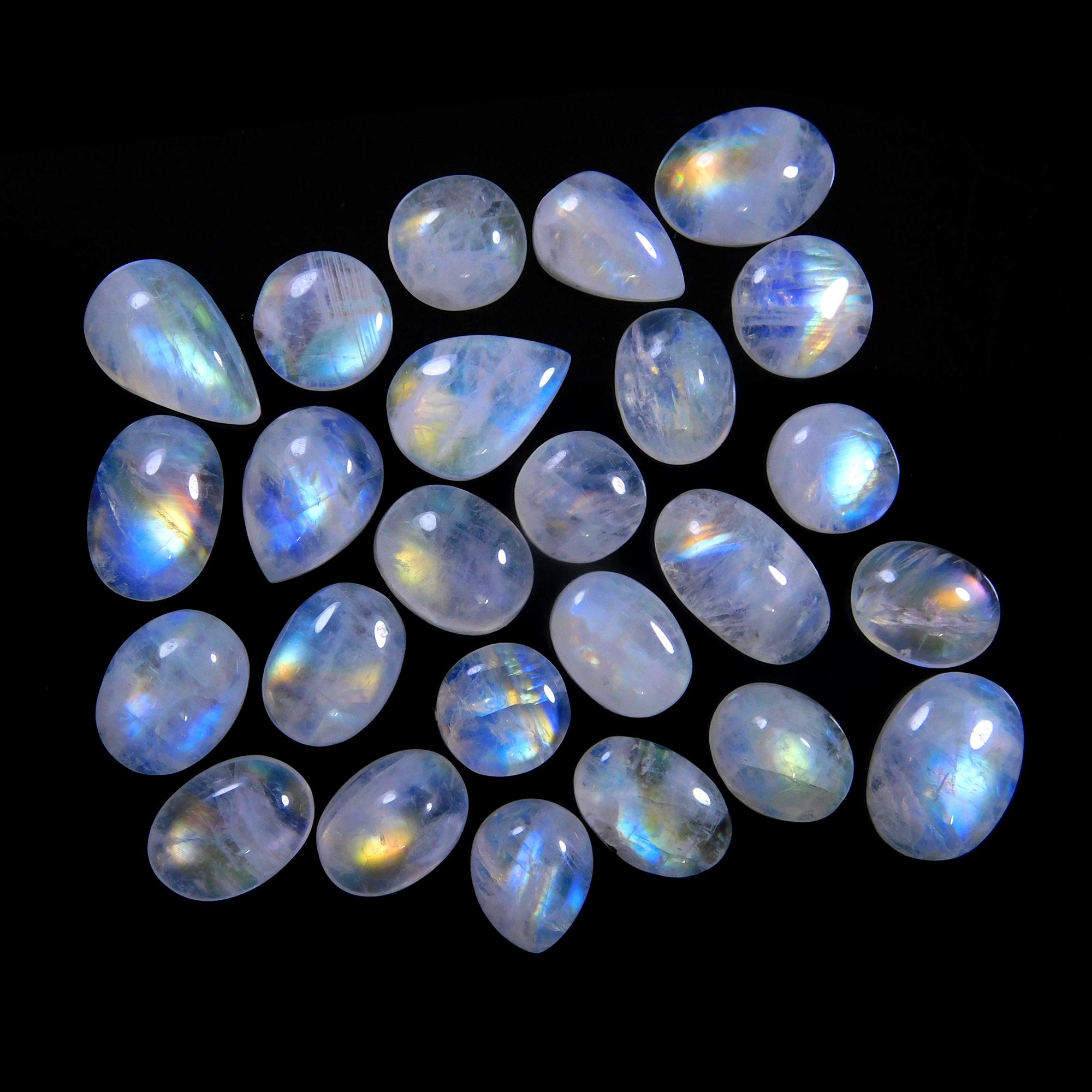 25 Pcs 89 Cts Natural Rainbow Moonstone Gemstone Cabochon Lot 8x8-13x8mm13984