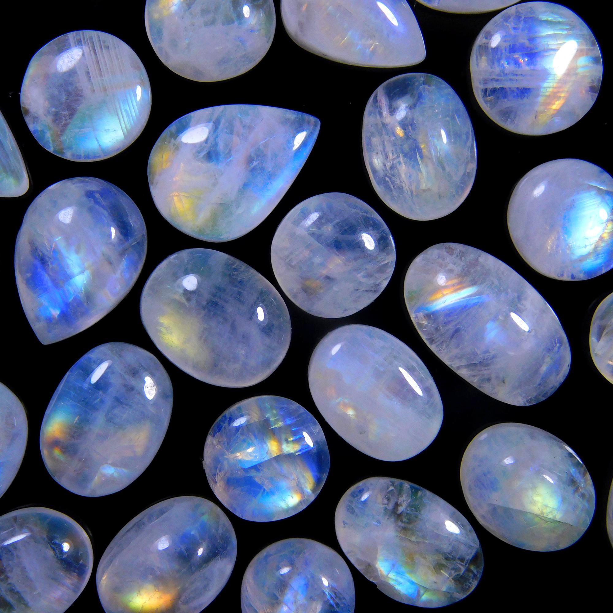 25 Pcs 89 Cts Natural Rainbow Moonstone Gemstone Cabochon Lot 8x8-13x8mm13984