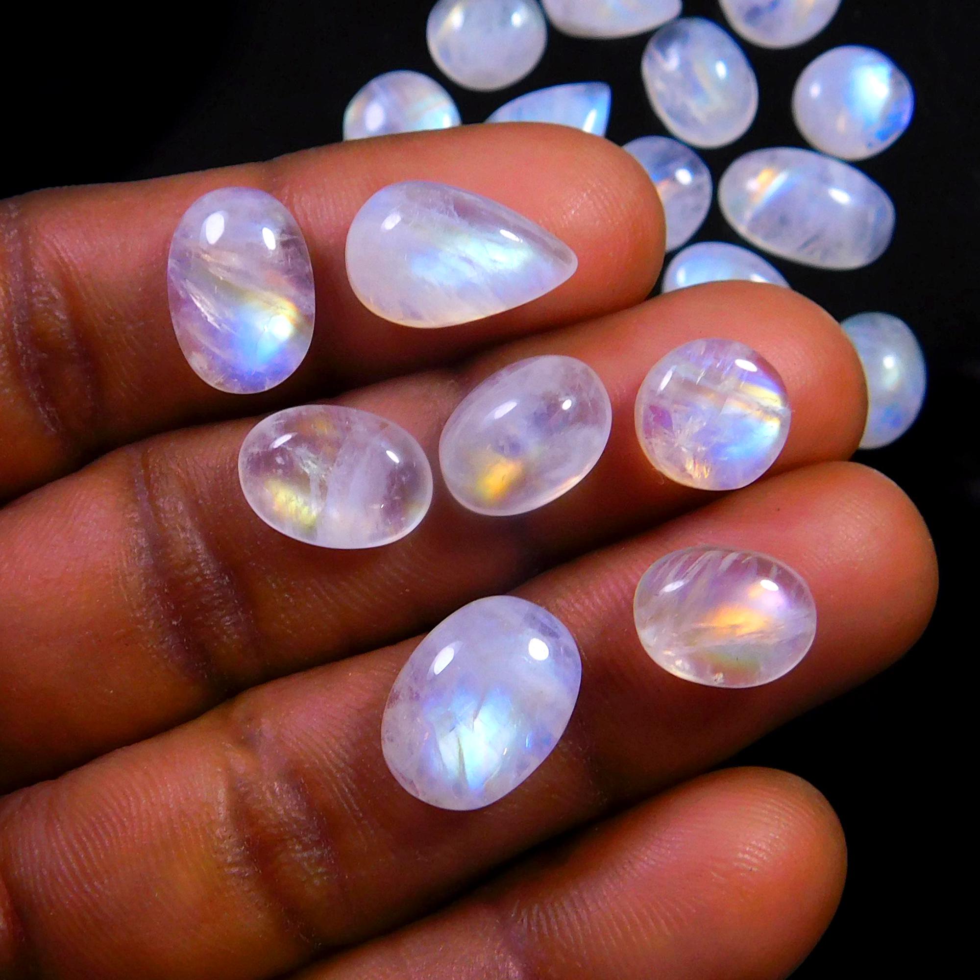 25 Pcs 89 Cts Natural Rainbow Moonstone Gemstone Cabochon Lot 8x8-13x8mm13984