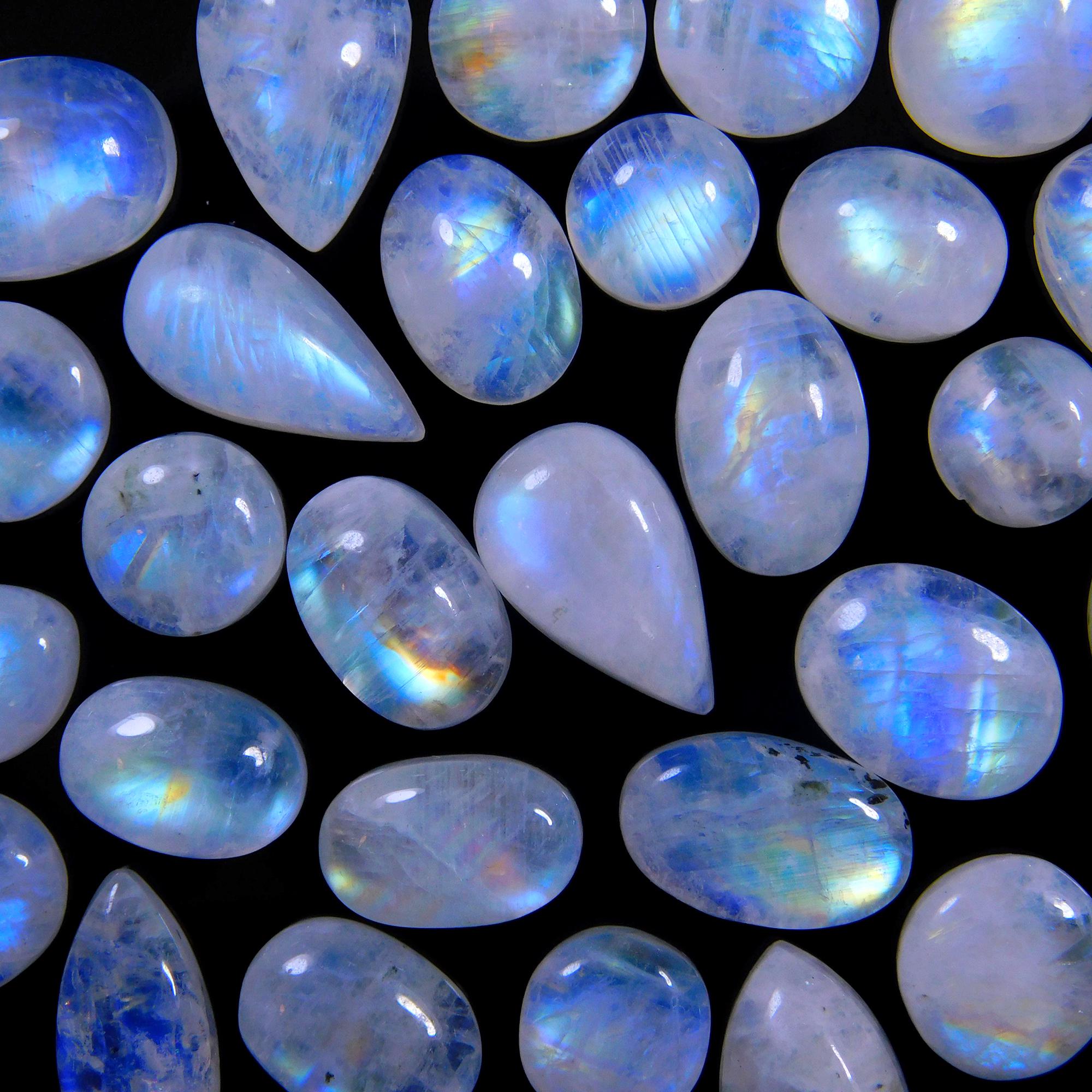 39 Pcs 127 Cts Natural Rainbow Moonstone Gemstone Cabochon Lot 7x7-15x7mm13985