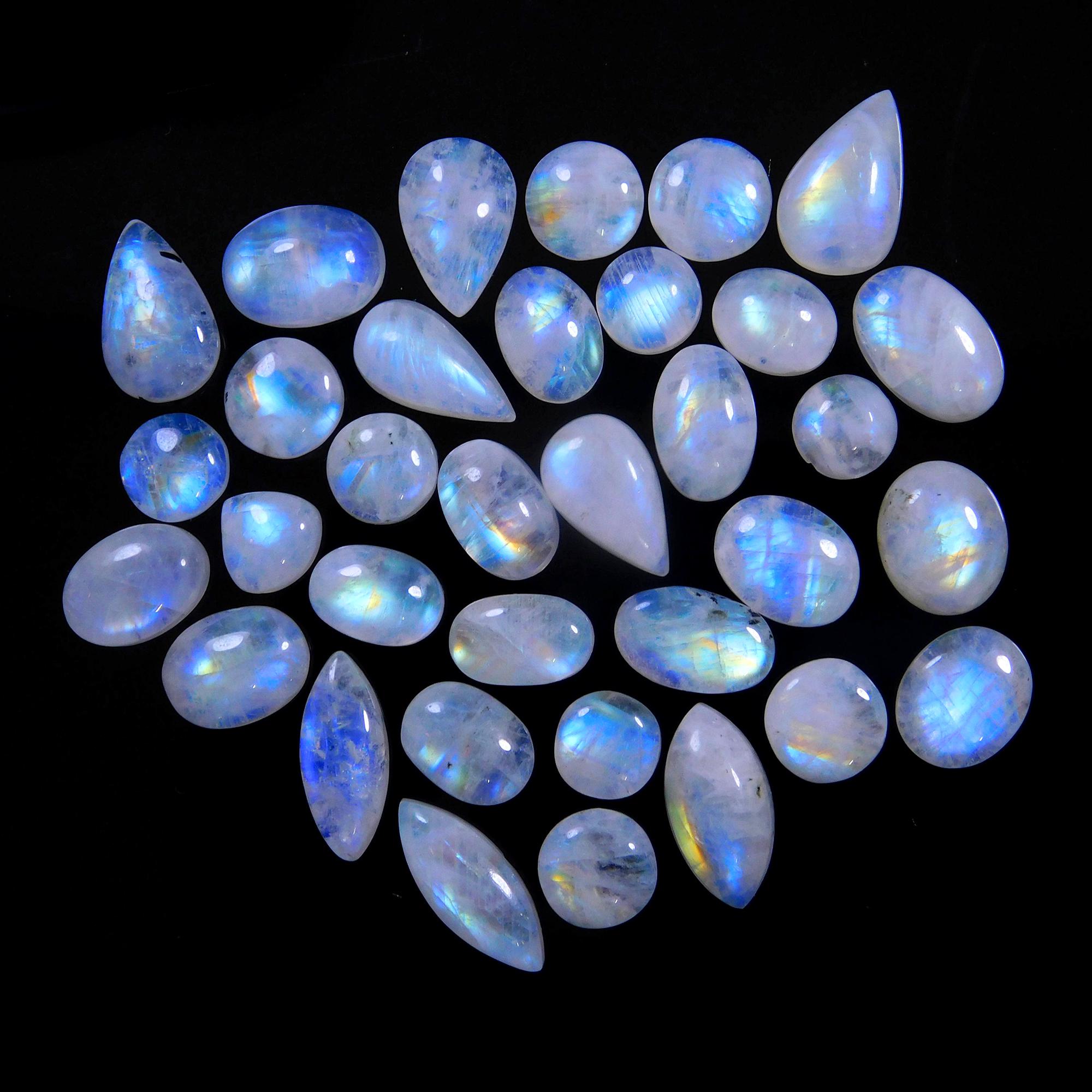 39 Pcs 127 Cts Natural Rainbow Moonstone Gemstone Cabochon Lot 7x7-15x7mm13985