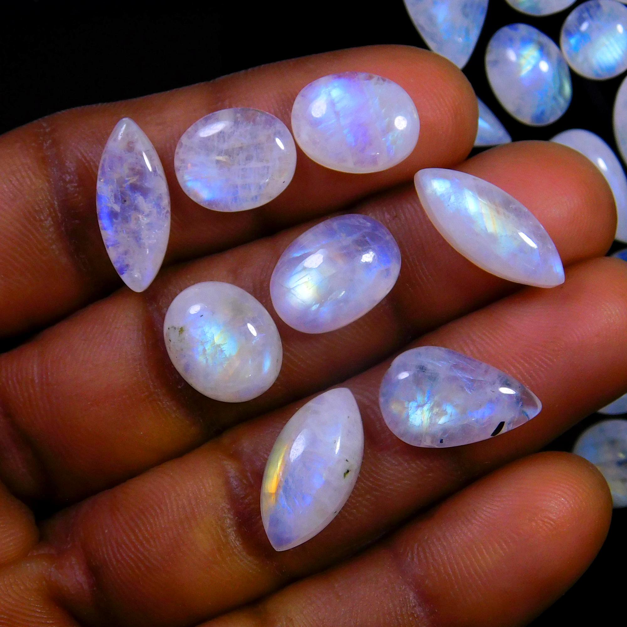 39 Pcs 127 Cts Natural Rainbow Moonstone Gemstone Cabochon Lot 7x7-15x7mm13985
