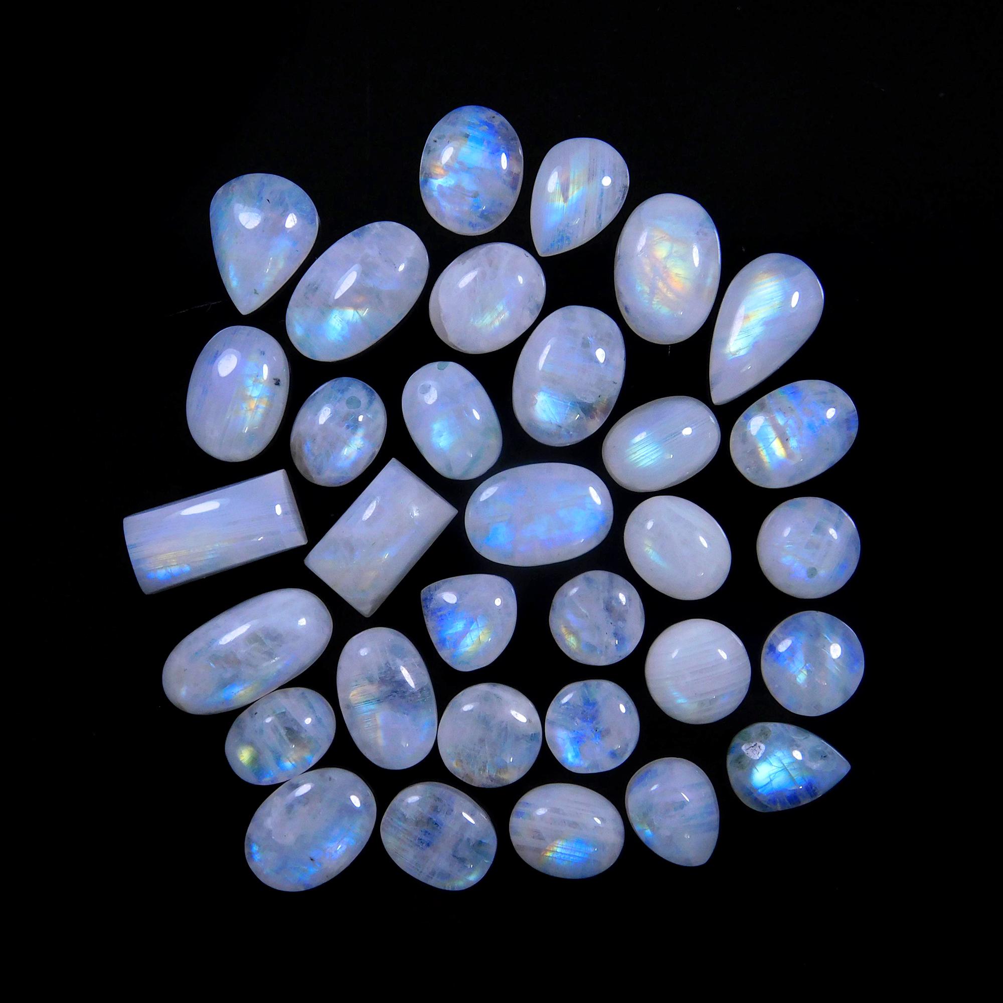 32 Pcs 141 Cts Natural Rainbow Moonstone Gemstone Cabochon Lot 8x8-16x8mm13986