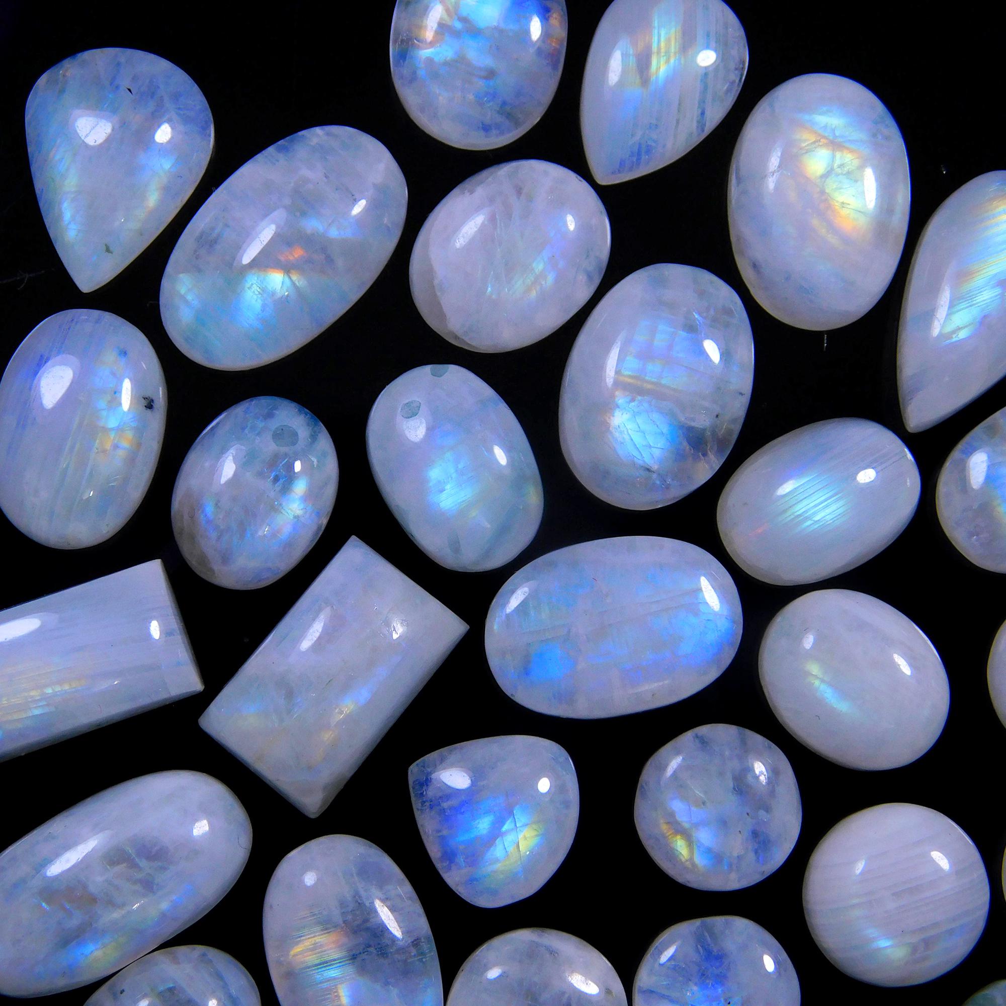 32 Pcs 141 Cts Natural Rainbow Moonstone Gemstone Cabochon Lot 8x8-16x8mm13986