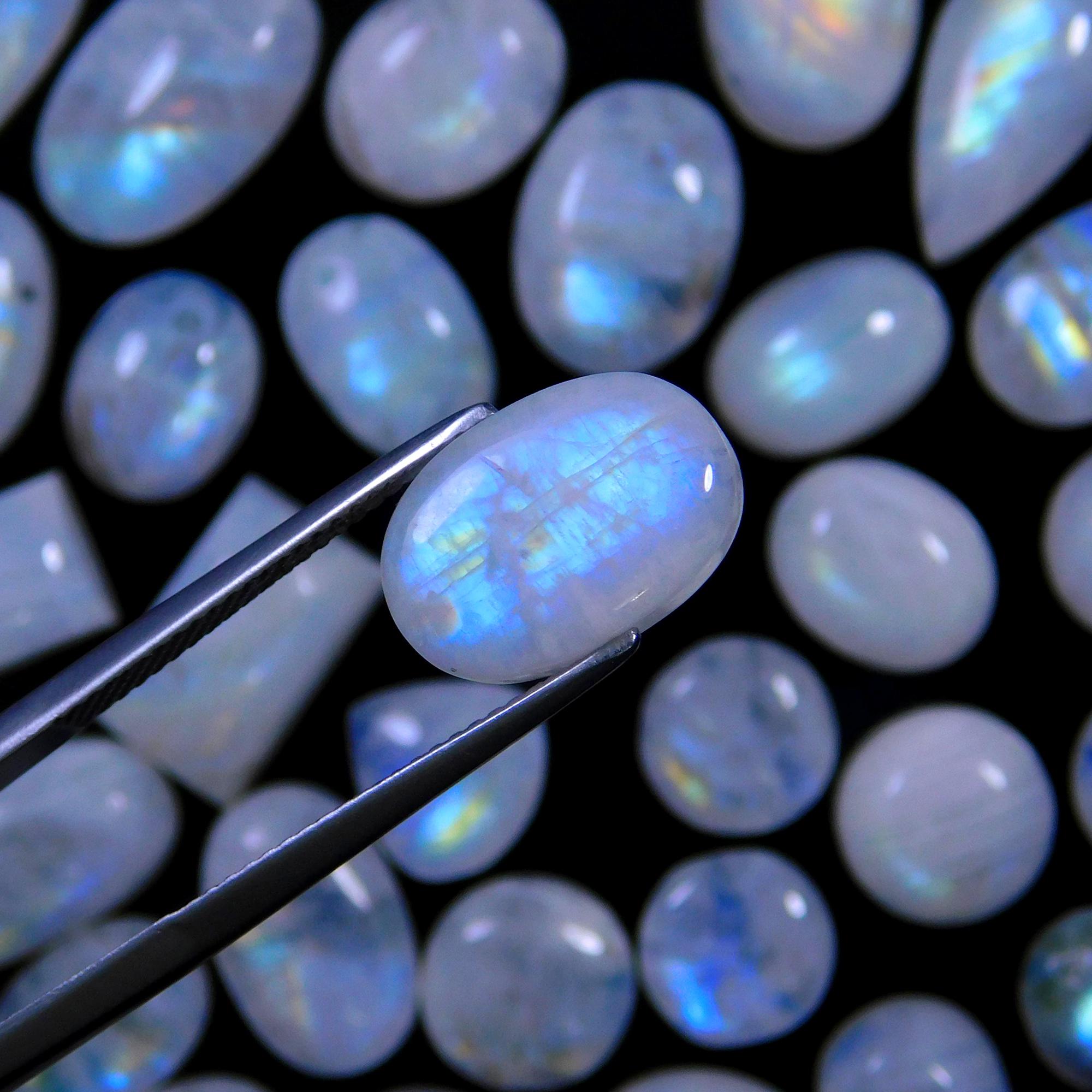 32 Pcs 141 Cts Natural Rainbow Moonstone Gemstone Cabochon Lot 8x8-16x8mm13986