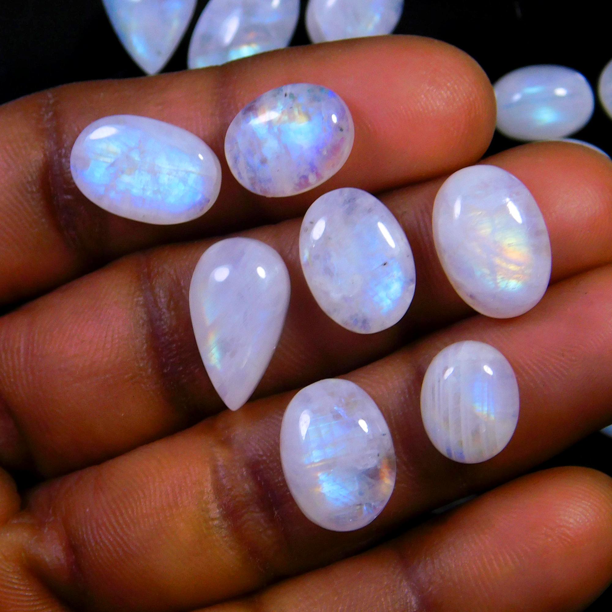 32 Pcs 141 Cts Natural Rainbow Moonstone Gemstone Cabochon Lot 8x8-16x8mm13986