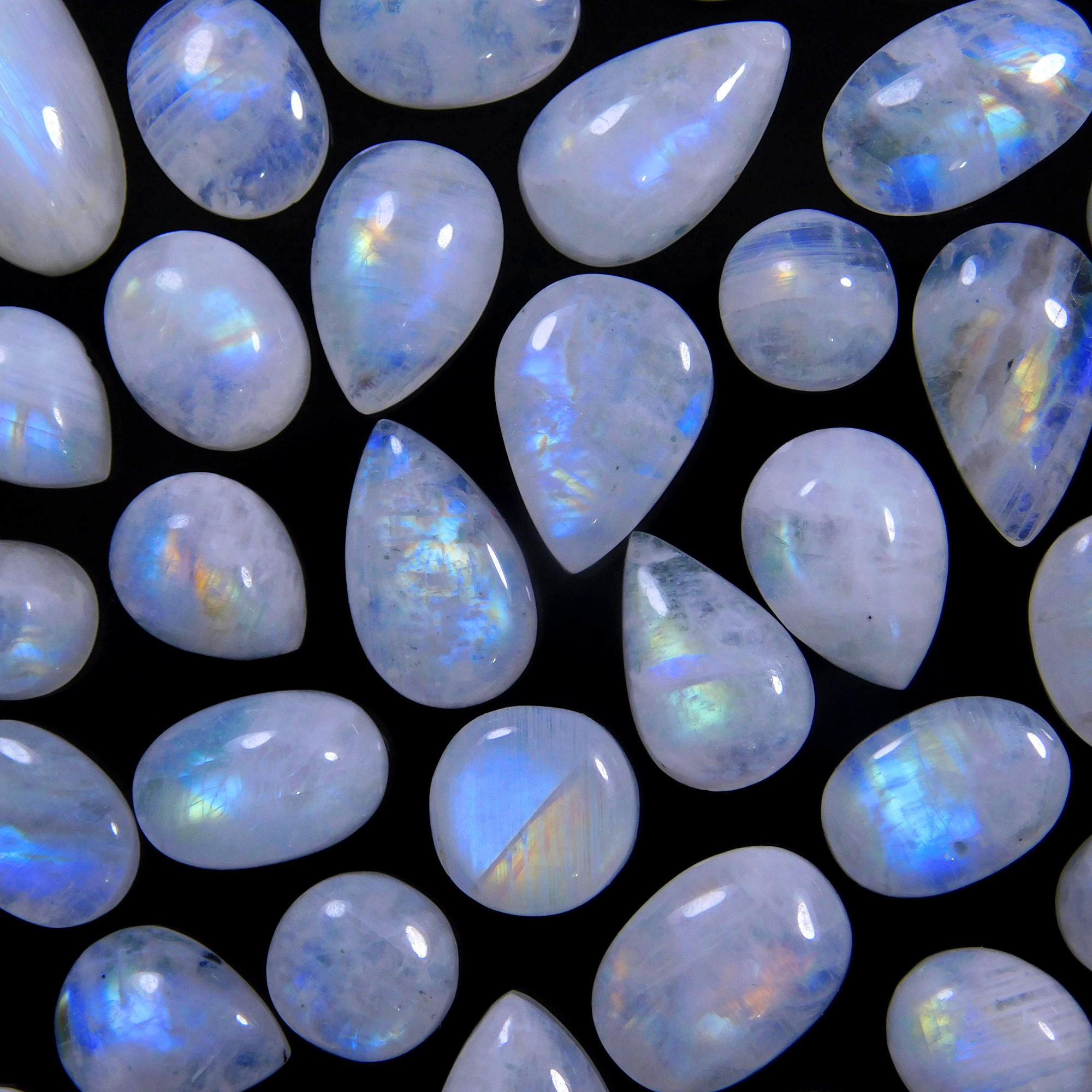 39 Pcs 150 Cts Natural Rainbow Moonstone Gemstone Cabochon Lot 7x7-17x8mm13988