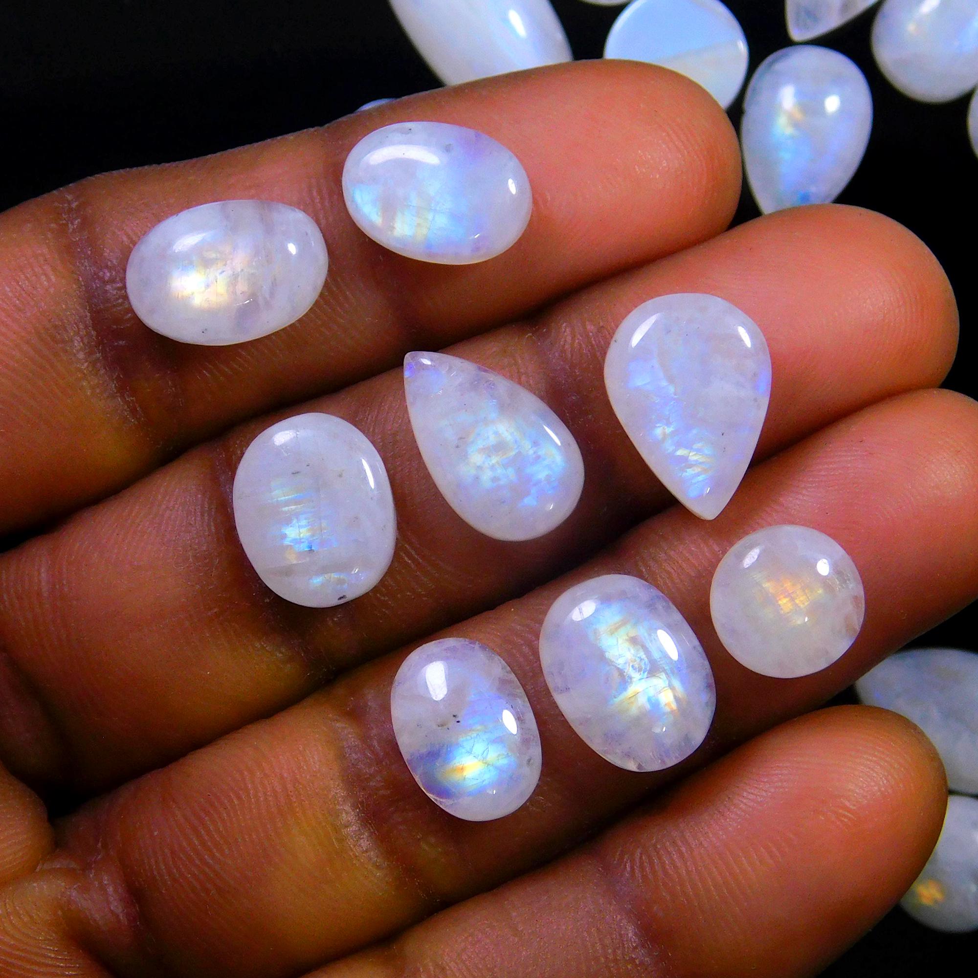 39 Pcs 150 Cts Natural Rainbow Moonstone Gemstone Cabochon Lot 7x7-17x8mm13988