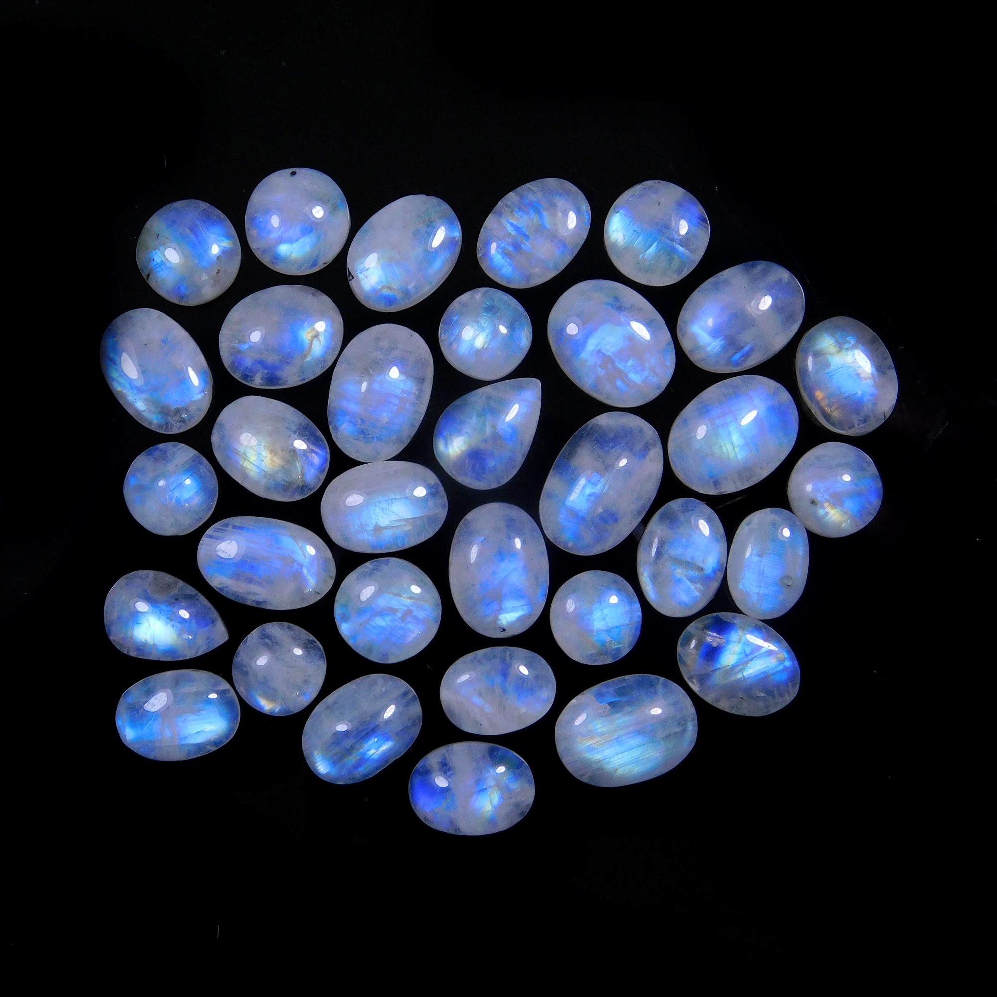 33 Pcs 110 Cts Natural Rainbow Moonstone Gemstone Cabochon Lot 7x7-12x8mm13989