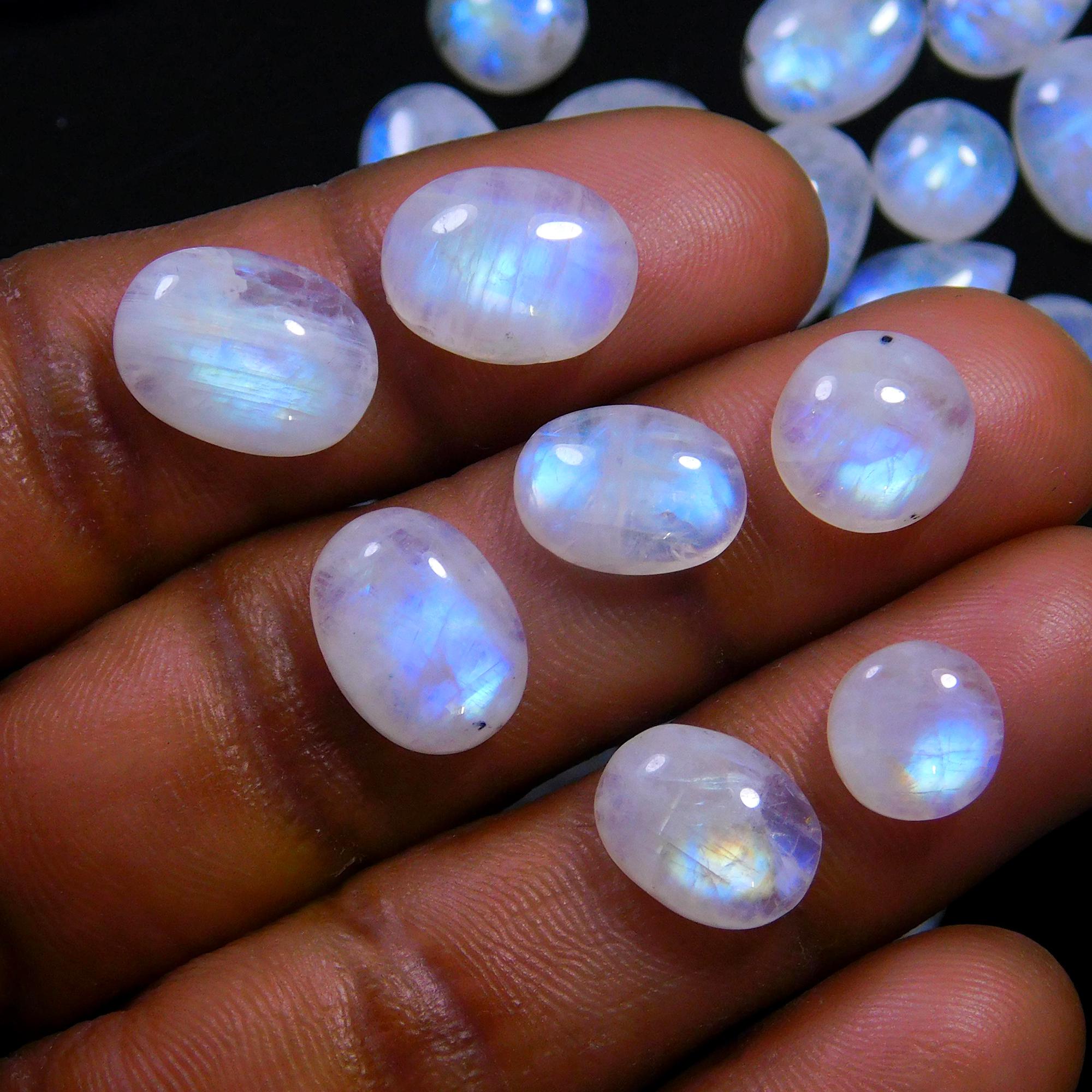 33 Pcs 110 Cts Natural Rainbow Moonstone Gemstone Cabochon Lot 7x7-12x8mmR-13989