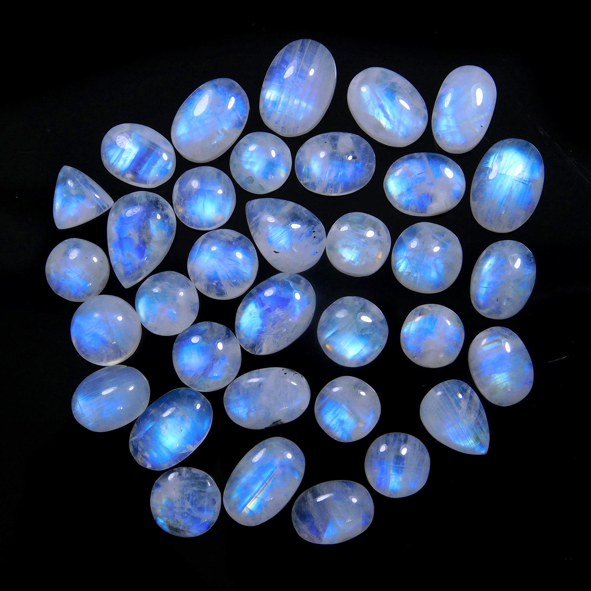 34 Pcs 117 Cts Natural Rainbow Moonstone Gemstone Cabochon Lot 7x7-12x8mmR-13990