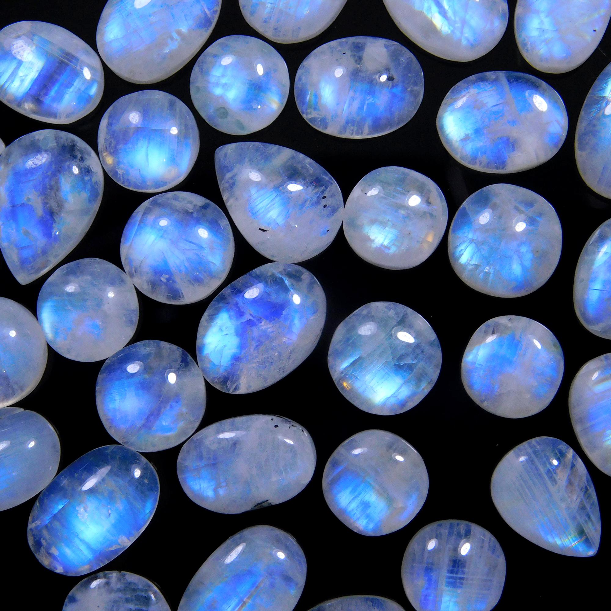 34 Pcs 117 Cts Natural Rainbow Moonstone Gemstone Cabochon Lot 7x7-12x8mm13990