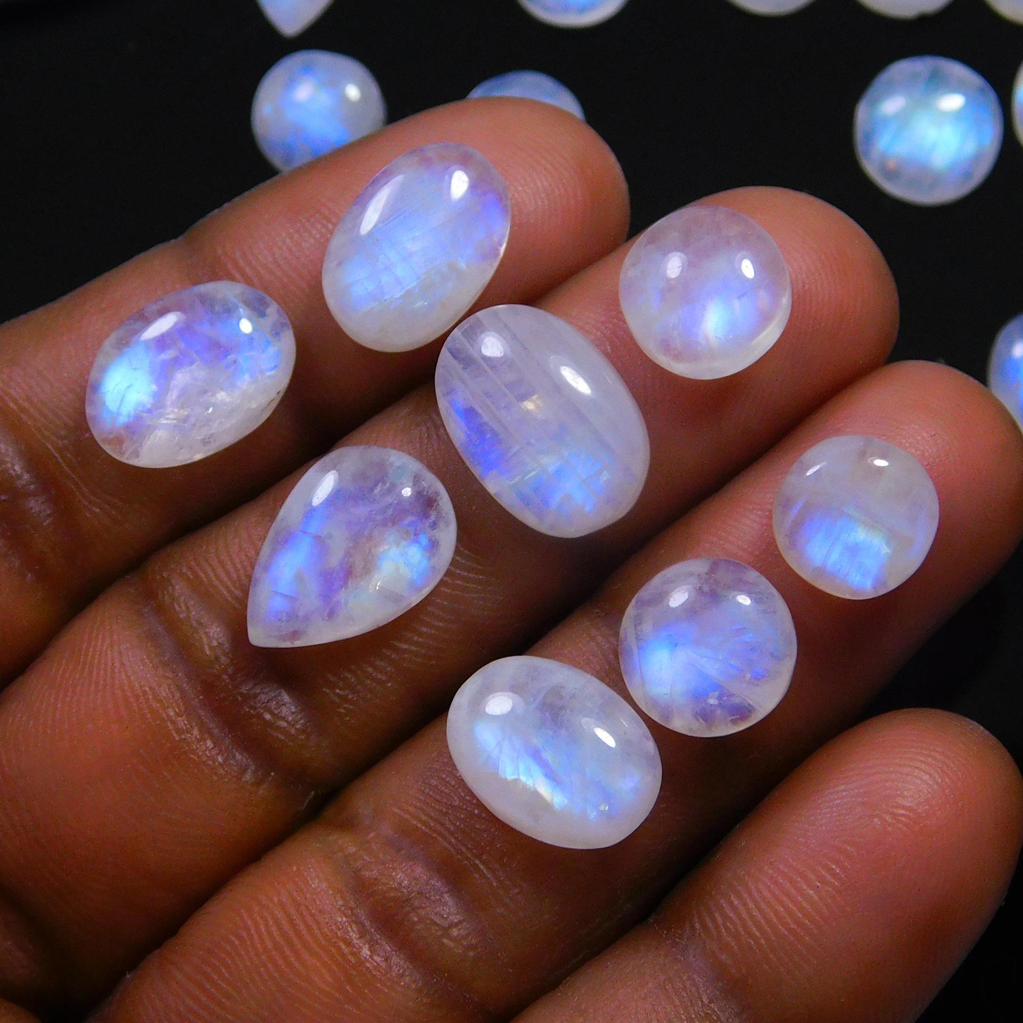 34 Pcs 117 Cts Natural Rainbow Moonstone Gemstone Cabochon Lot 7x7-12x8mm13990