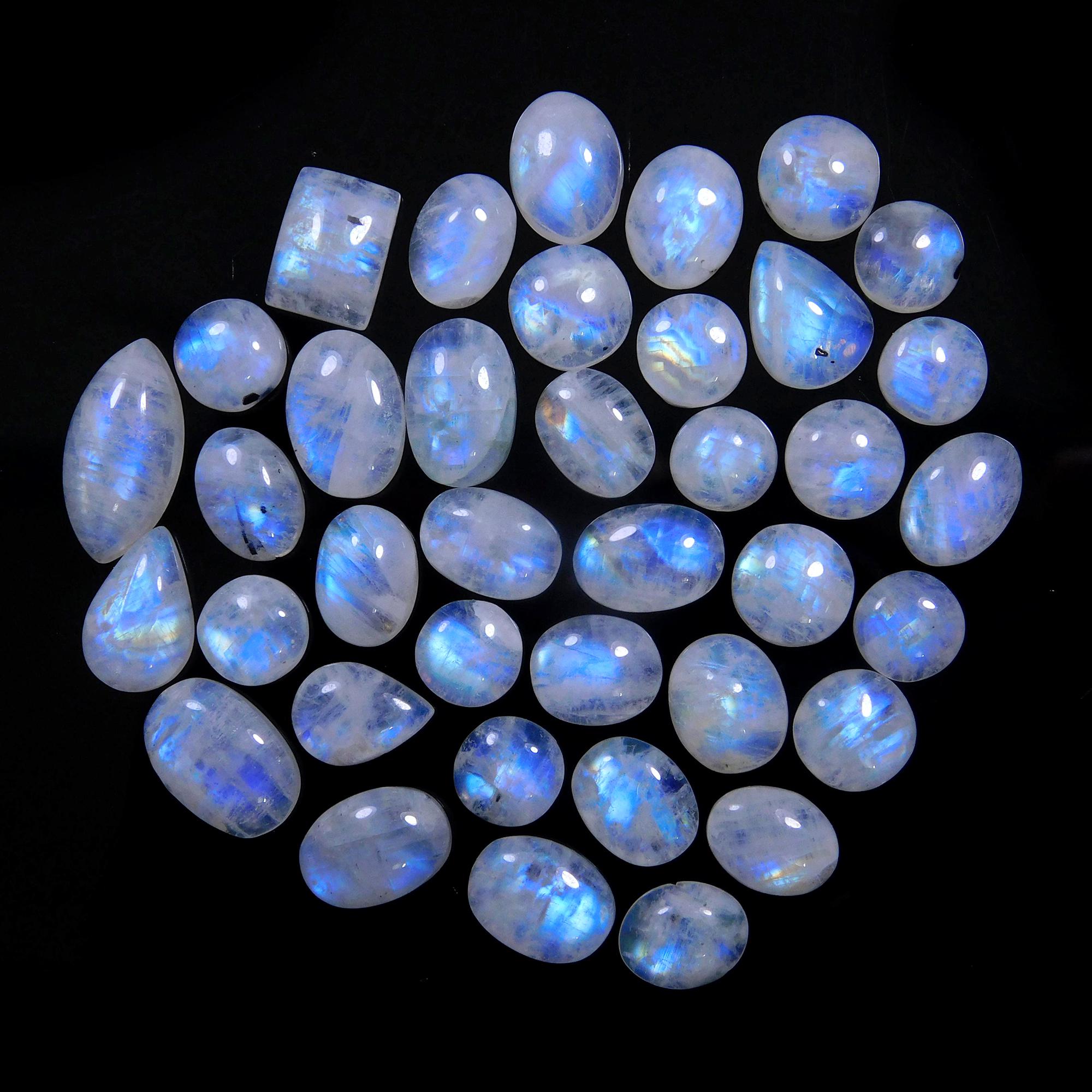 38 Pcs 128 Cts Natural Rainbow Moonstone Gemstone Cabochon Lot 7x7-17x8mm13993