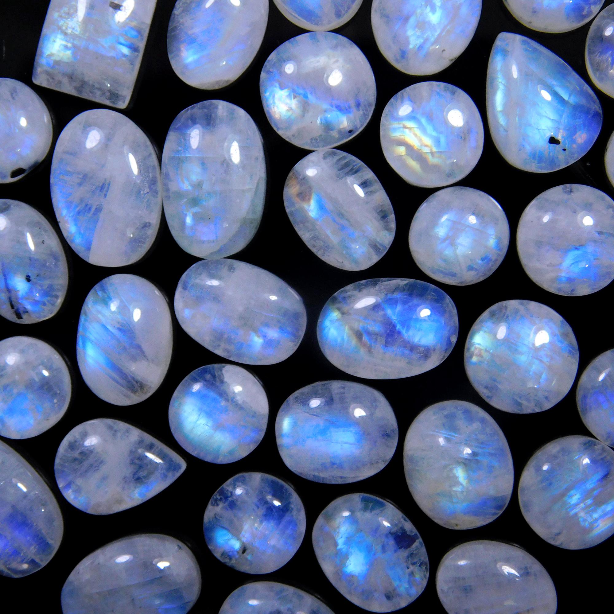 38 Pcs 128 Cts Natural Rainbow Moonstone Gemstone Cabochon Lot 7x7-17x8mm13993