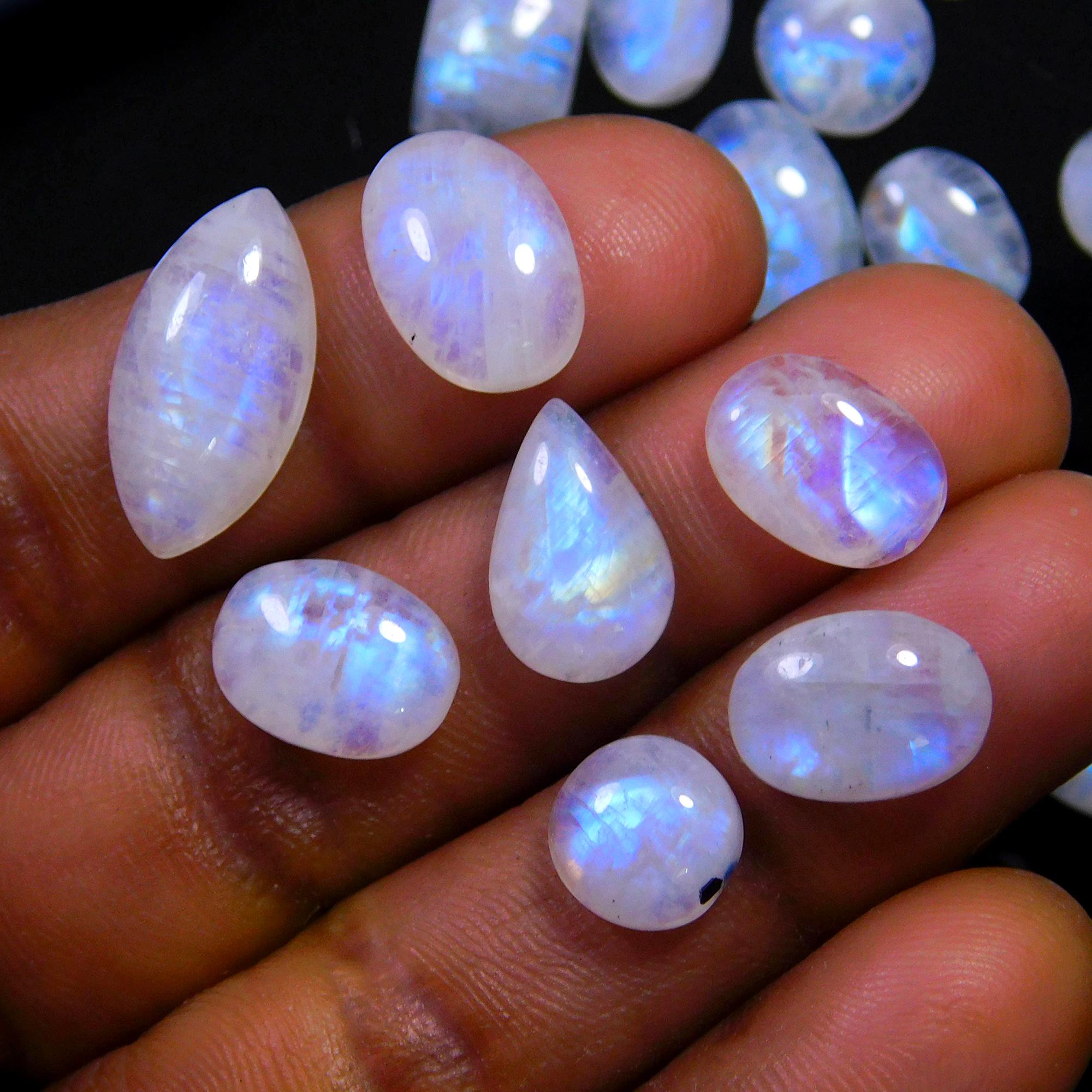 38 Pcs 128 Cts Natural Rainbow Moonstone Gemstone Cabochon Lot 7x7-17x8mm13993