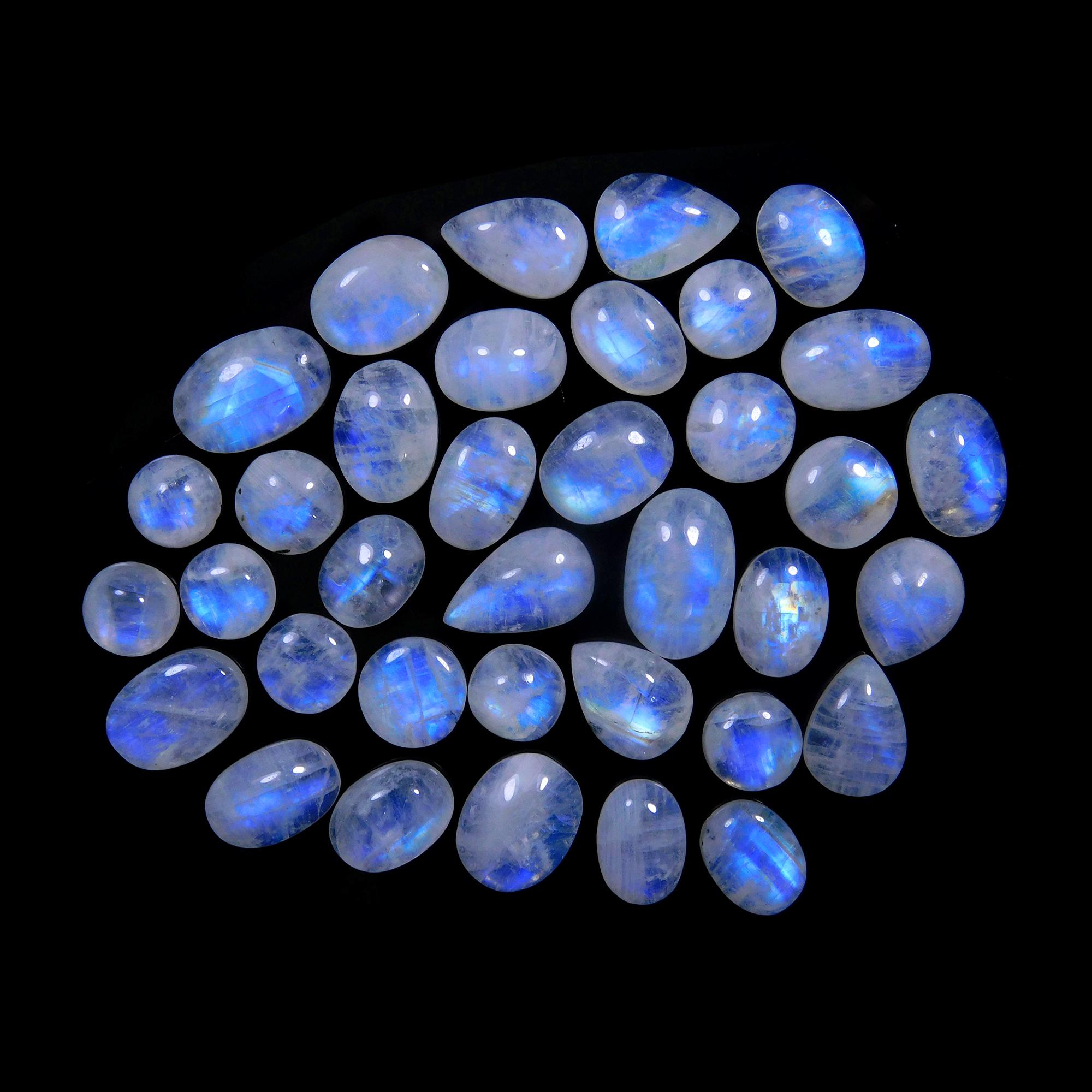 36 Pcs 132 Cts Natural Rainbow Moonstone Gemstone Cabochon Lot 7x7-14x8mm13995