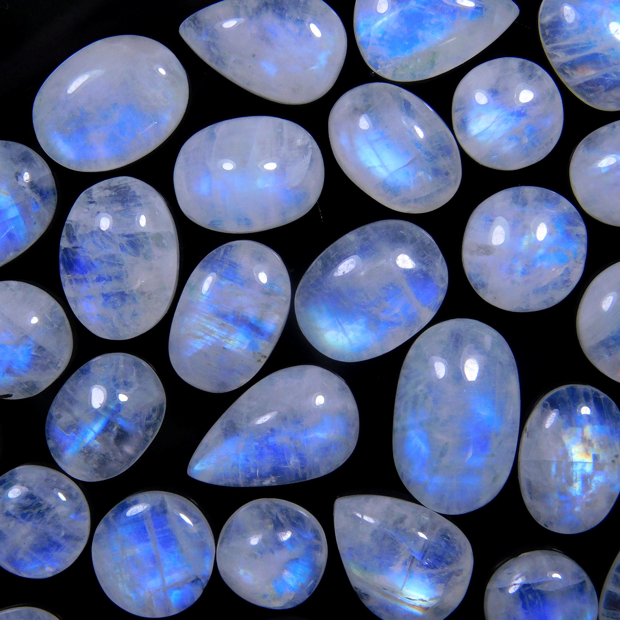 36 Pcs 132 Cts Natural Rainbow Moonstone Gemstone Cabochon Lot 7x7-14x8mm13995