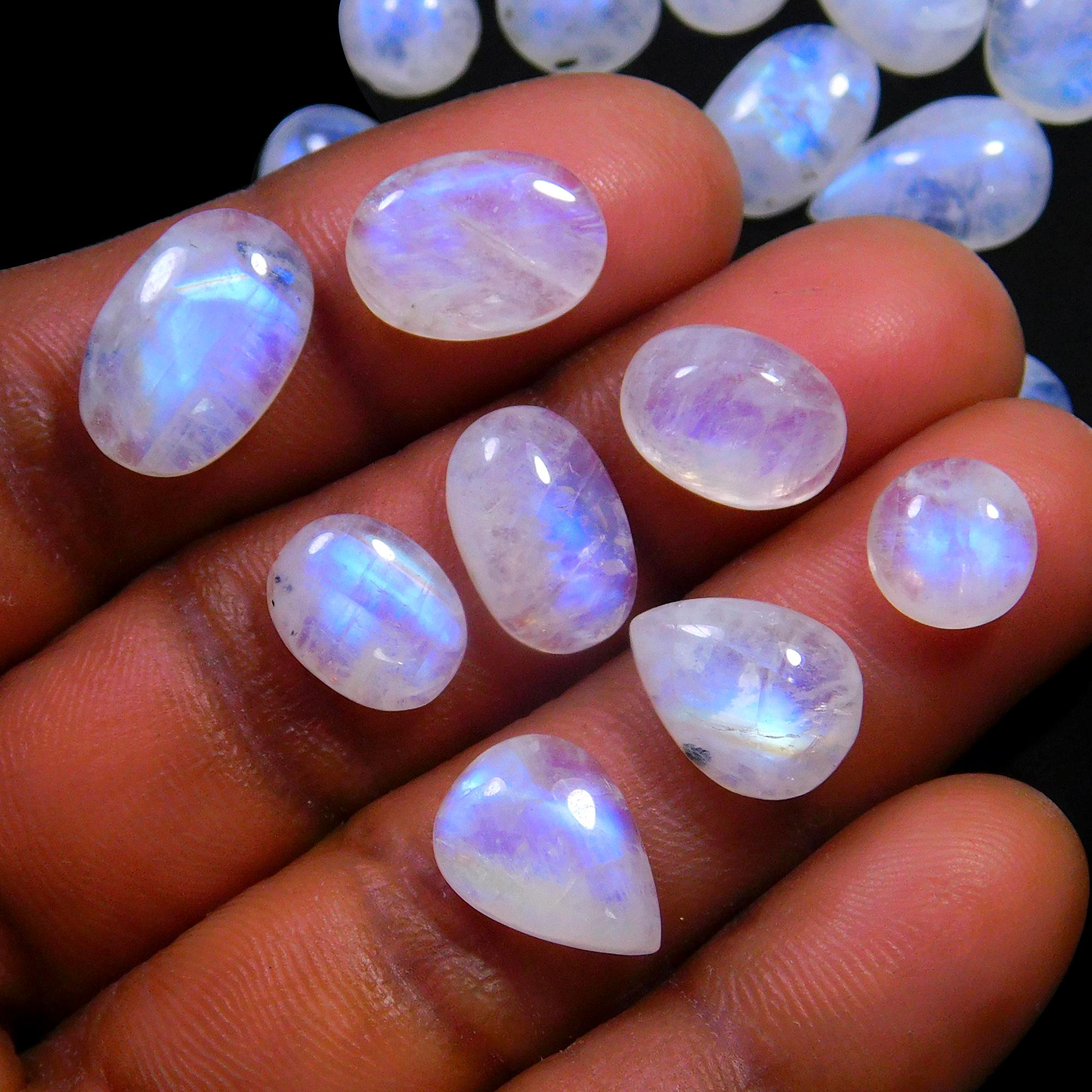 36 Pcs 132 Cts Natural Rainbow Moonstone Gemstone Cabochon Lot 7x7-14x8mm13995
