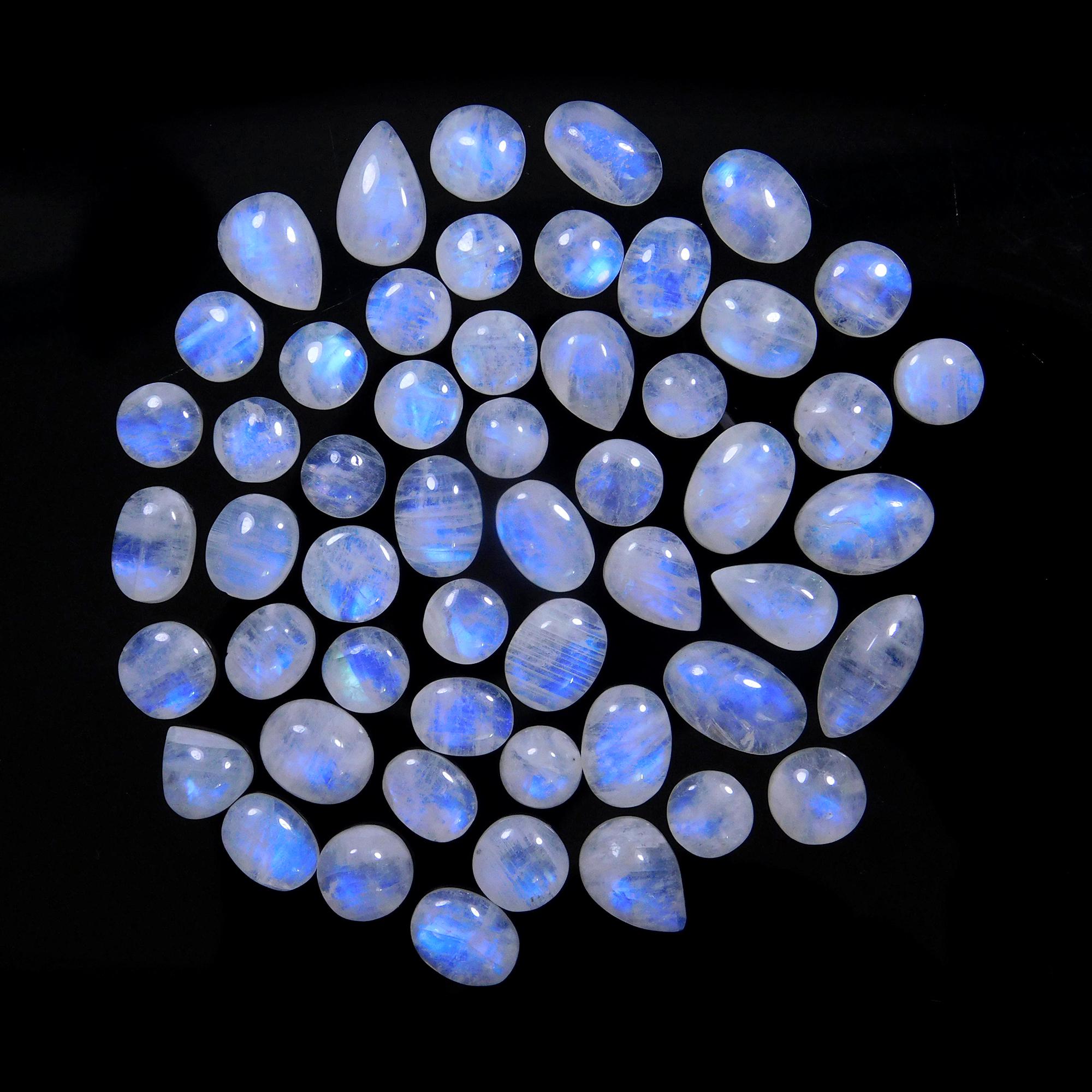 53 Pcs 182 Cts Natural Rainbow Moonstone Gemstone Cabochon Lot 7x7-12x8mm13996