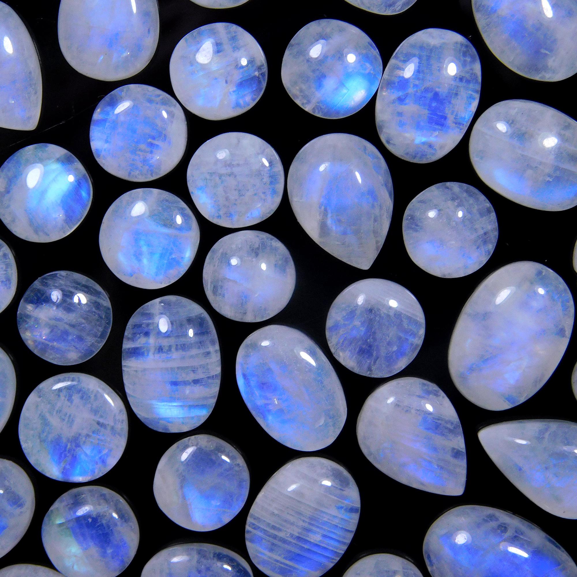 53 Pcs 182 Cts Natural Rainbow Moonstone Gemstone Cabochon Lot 7x7-12x8mm13996