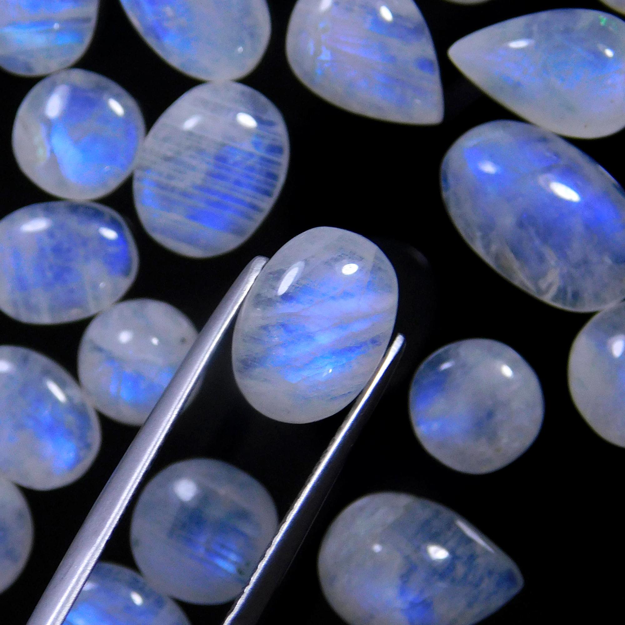 53 Pcs 182 Cts Natural Rainbow Moonstone Gemstone Cabochon Lot 7x7-12x8mm13996