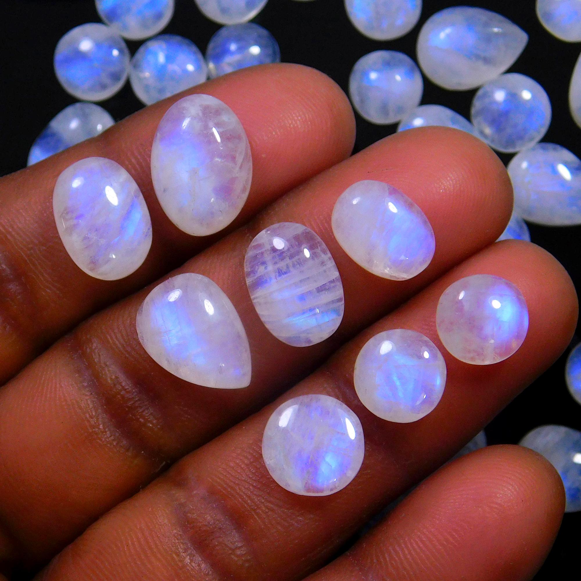 53 Pcs 182 Cts Natural Rainbow Moonstone Gemstone Cabochon Lot 7x7-12x8mm13996