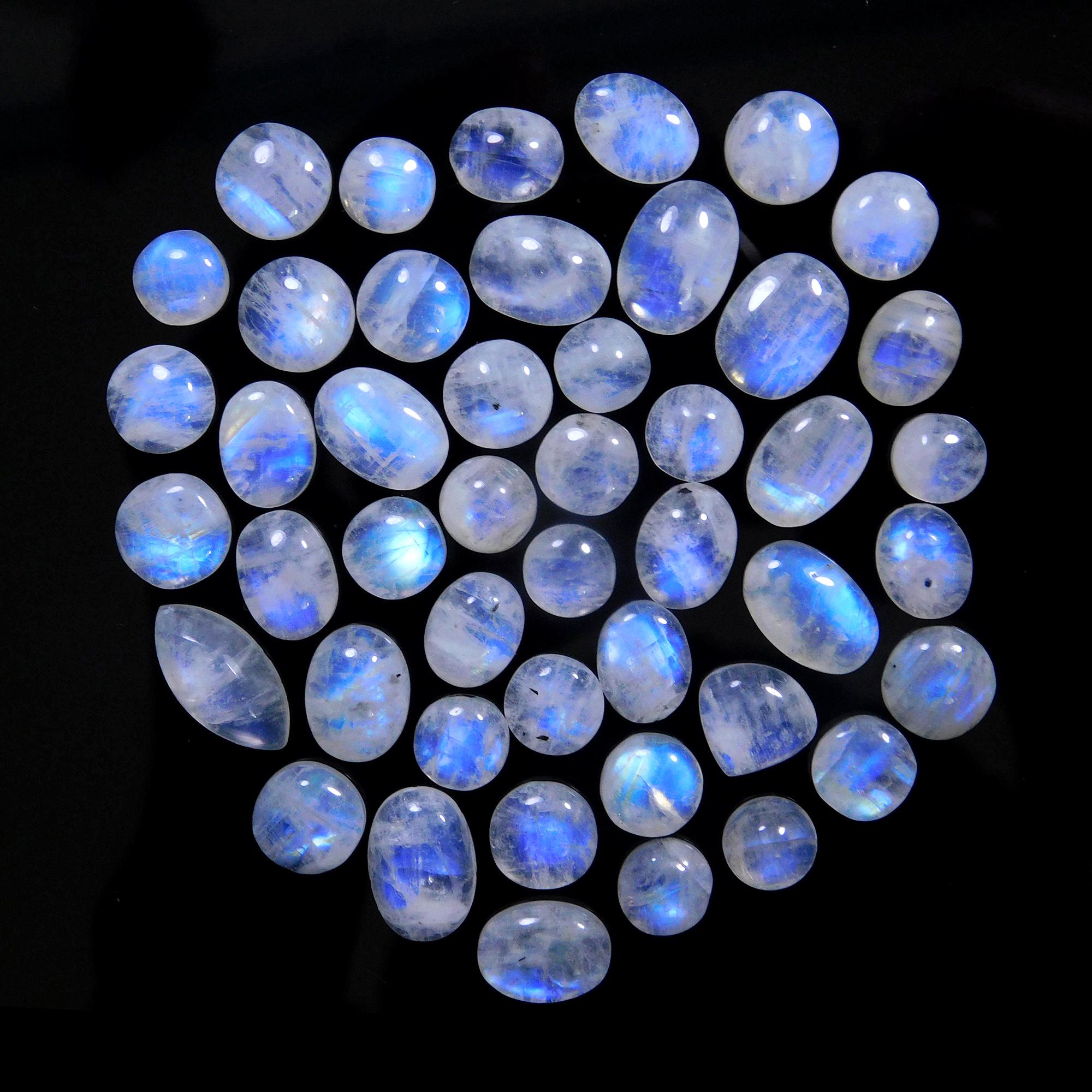 46 Pcs 143 Cts Natural Rainbow Moonstone Gemstone Cabochon Lot 7x7-15x7mm13997