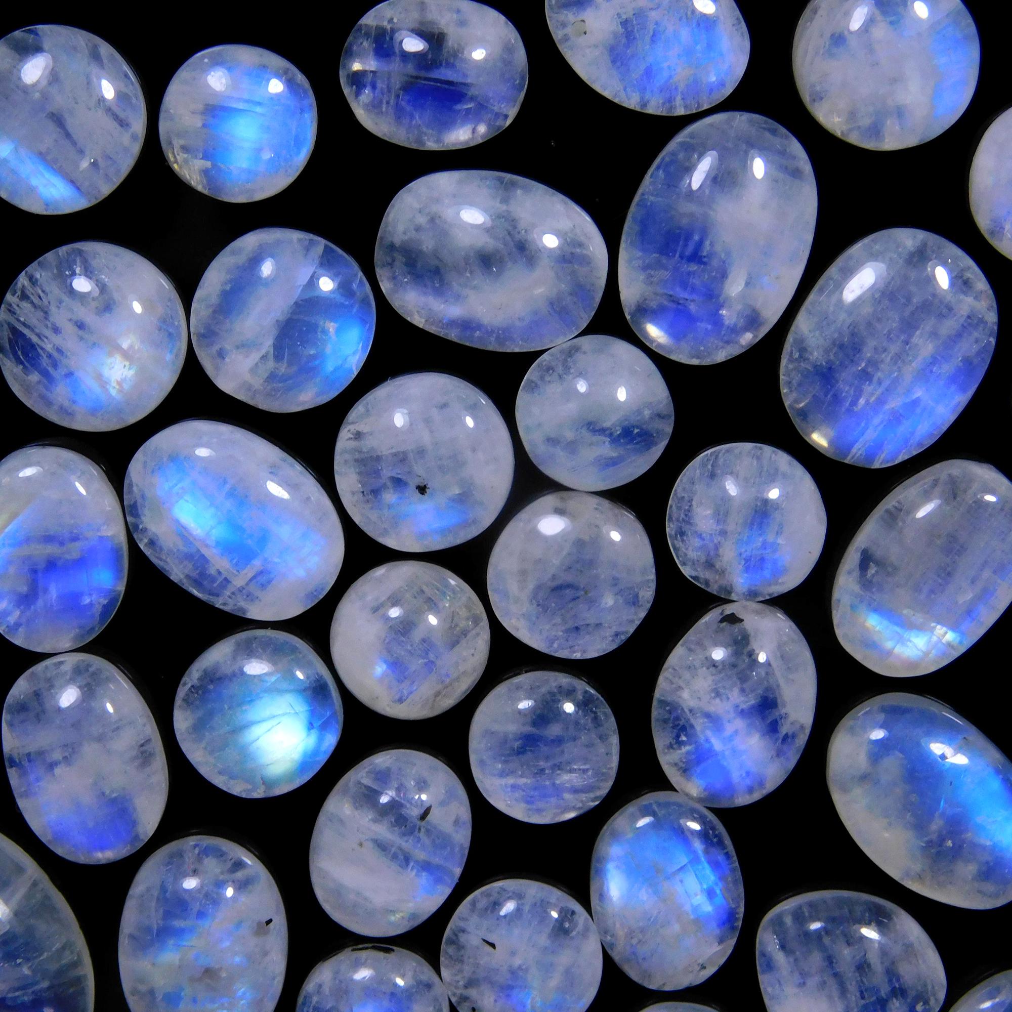 46 Pcs 143 Cts Natural Rainbow Moonstone Gemstone Cabochon Lot 7x7-15x7mm13997