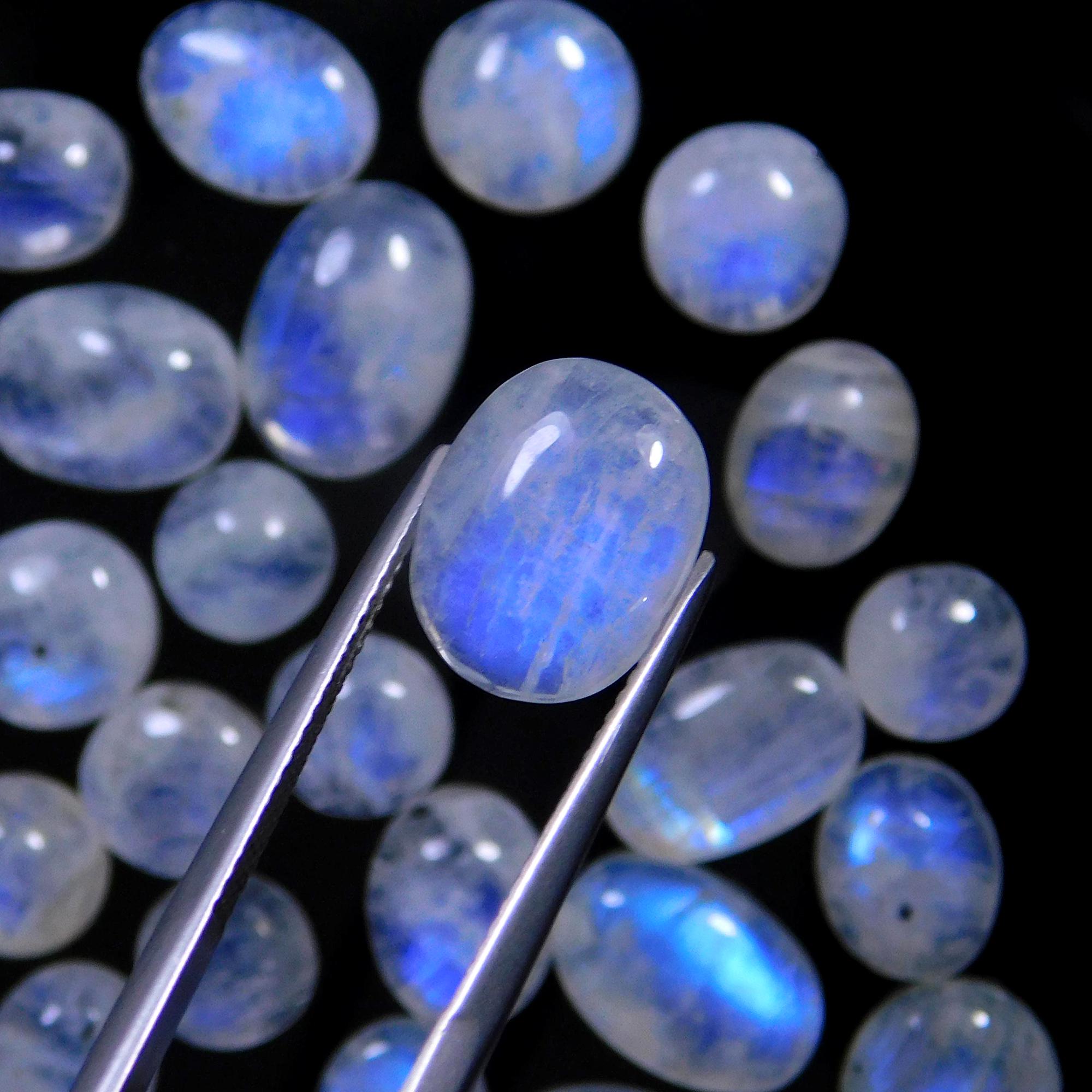 46 Pcs 143 Cts Natural Rainbow Moonstone Gemstone Cabochon Lot 7x7-15x7mm13997