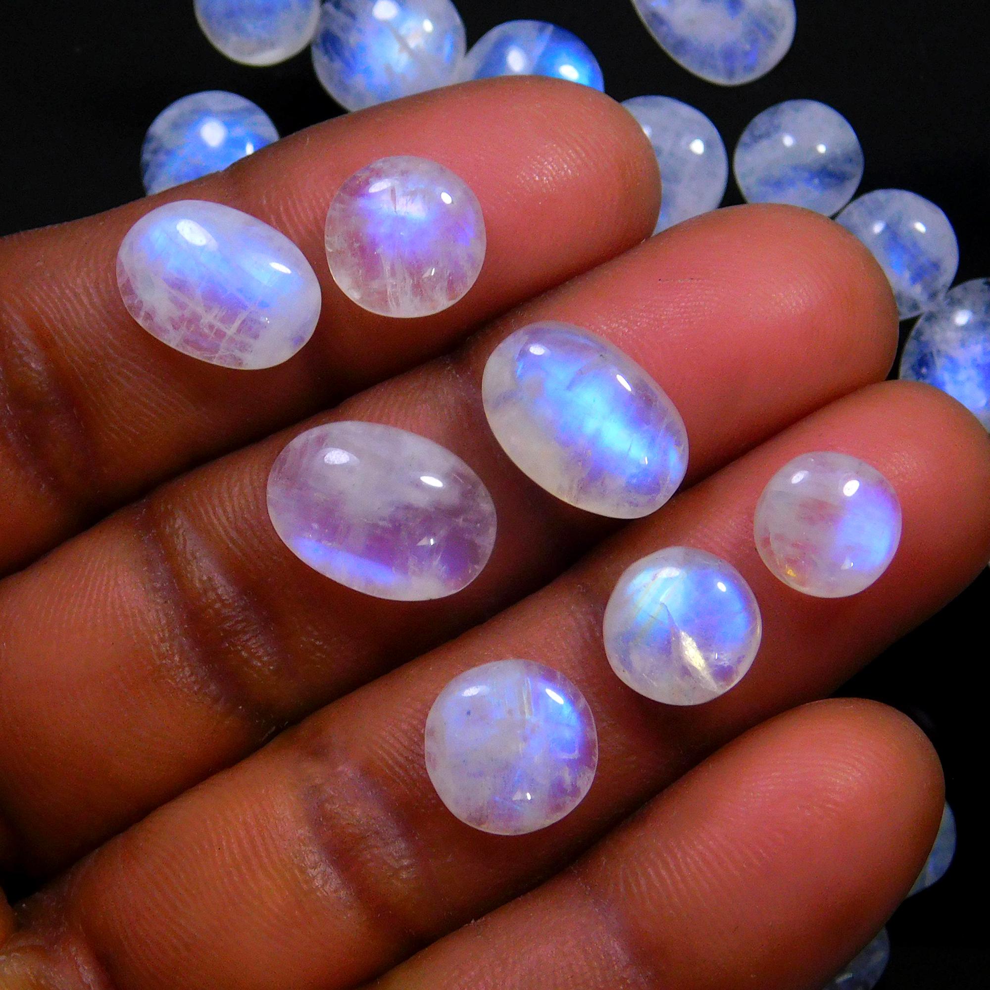 46 Pcs 143 Cts Natural Rainbow Moonstone Gemstone Cabochon Lot 7x7-15x7mm13997