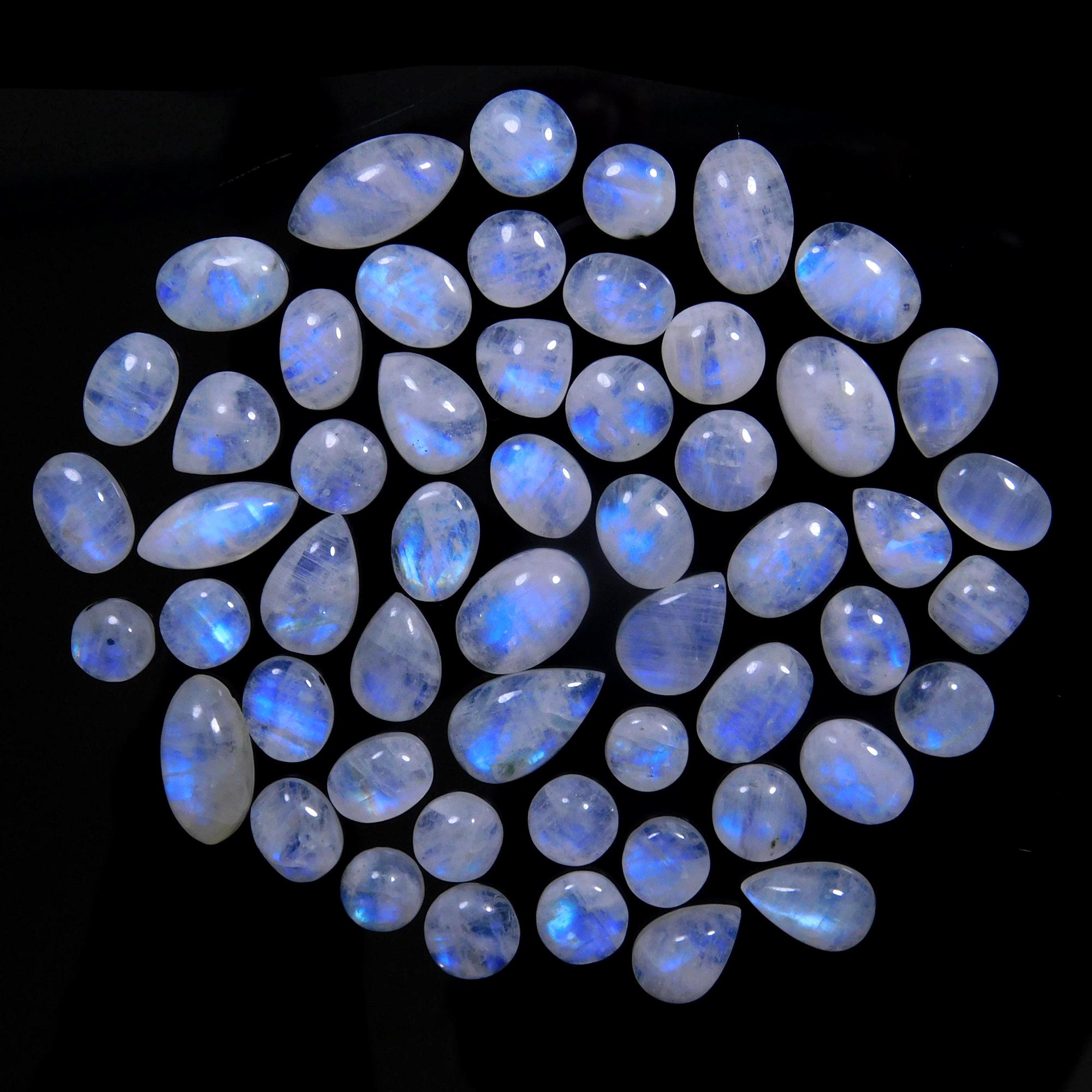 54 Pcs 189 Cts Natural Rainbow Moonstone Gemstone Cabochon Lot 7x7-15x7mm13998