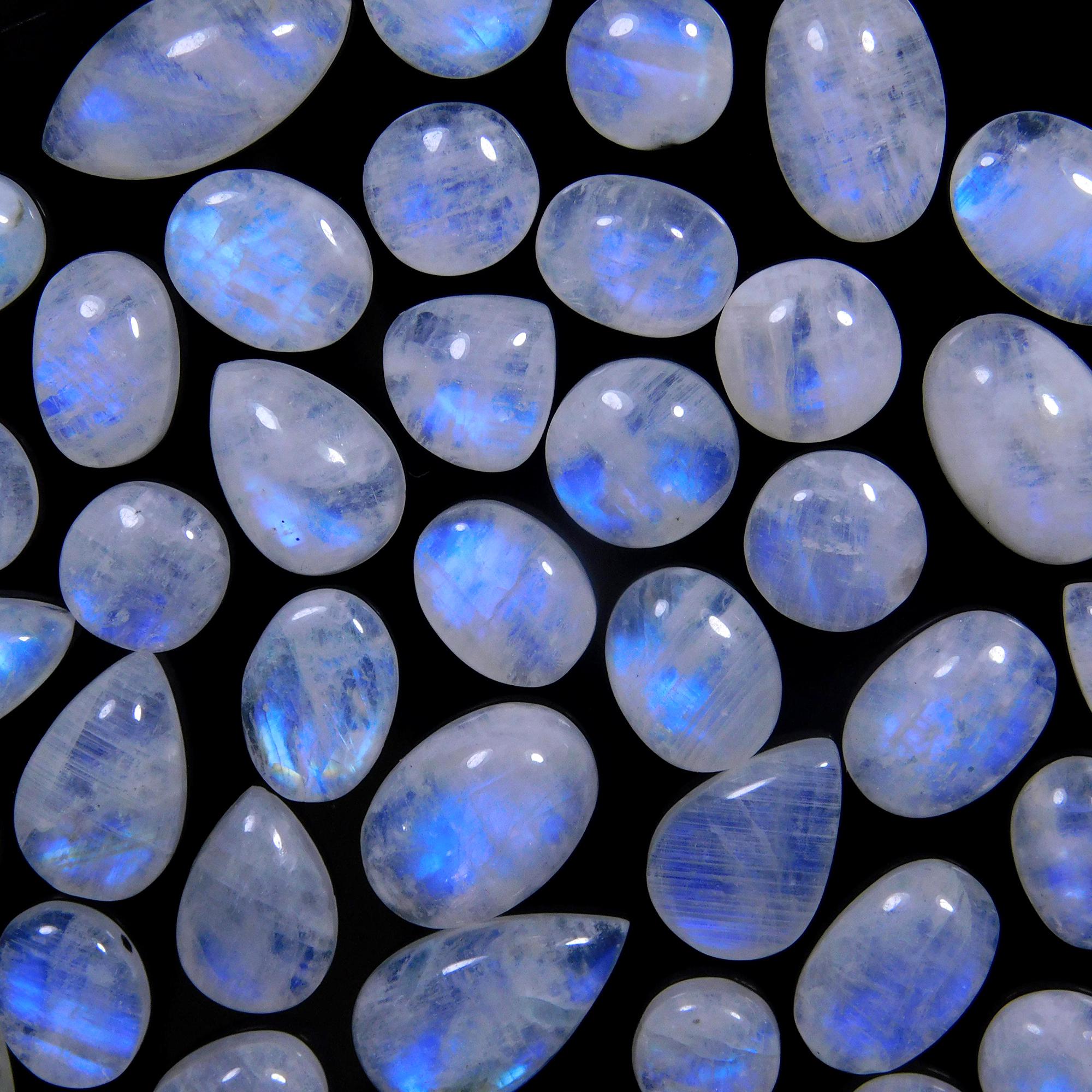 54 Pcs 189 Cts Natural Rainbow Moonstone Gemstone Cabochon Lot 7x7-15x7mm13998