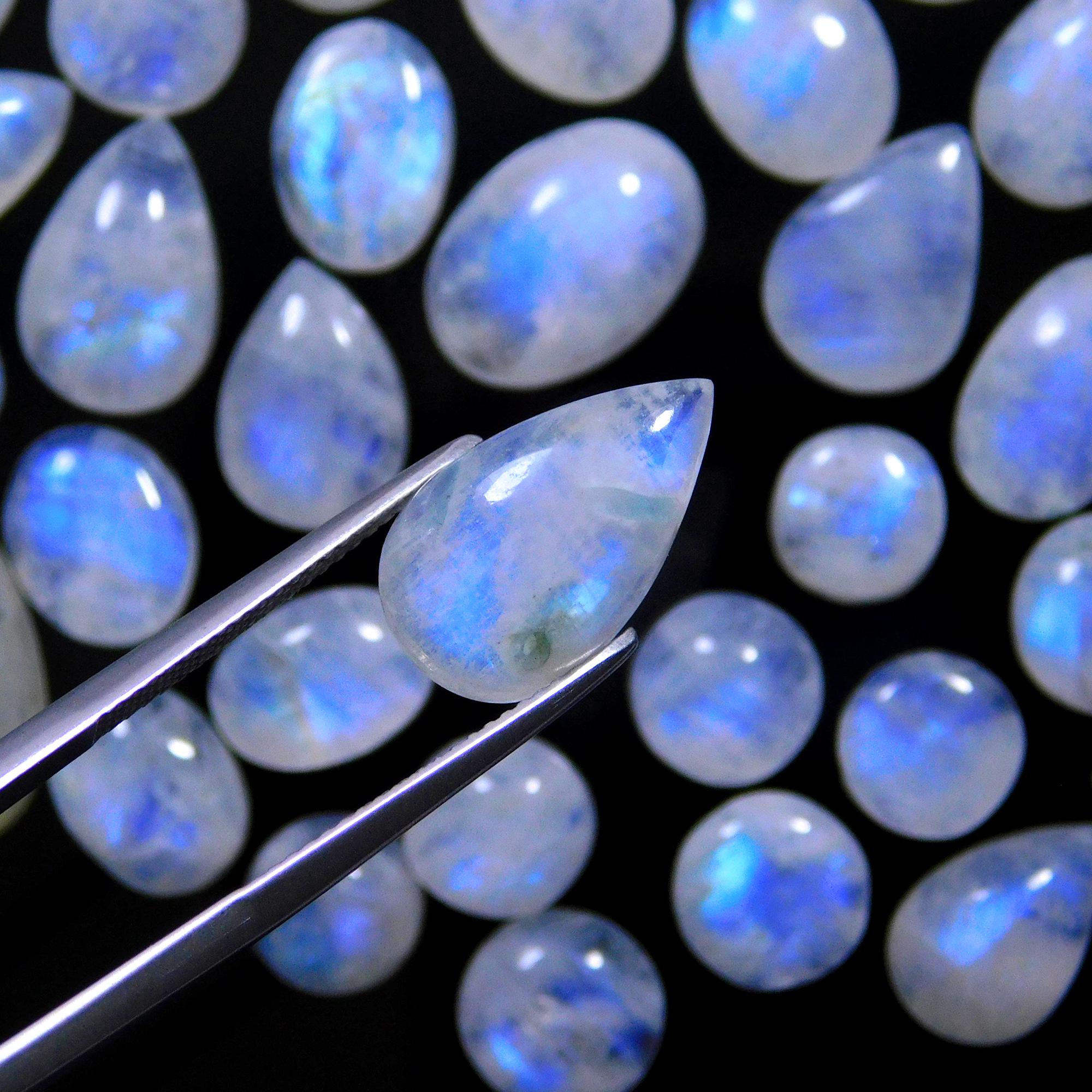 54 Pcs 189 Cts Natural Rainbow Moonstone Gemstone Cabochon Lot 7x7-15x7mm13998