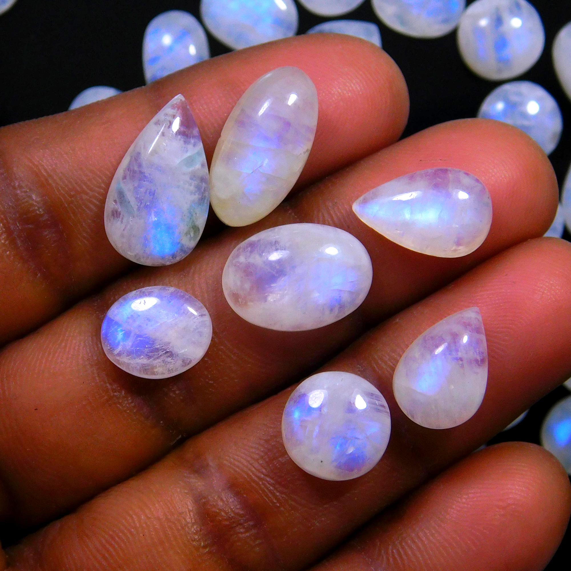 54 Pcs 189 Cts Natural Rainbow Moonstone Gemstone Cabochon Lot 7x7-15x7mm13998