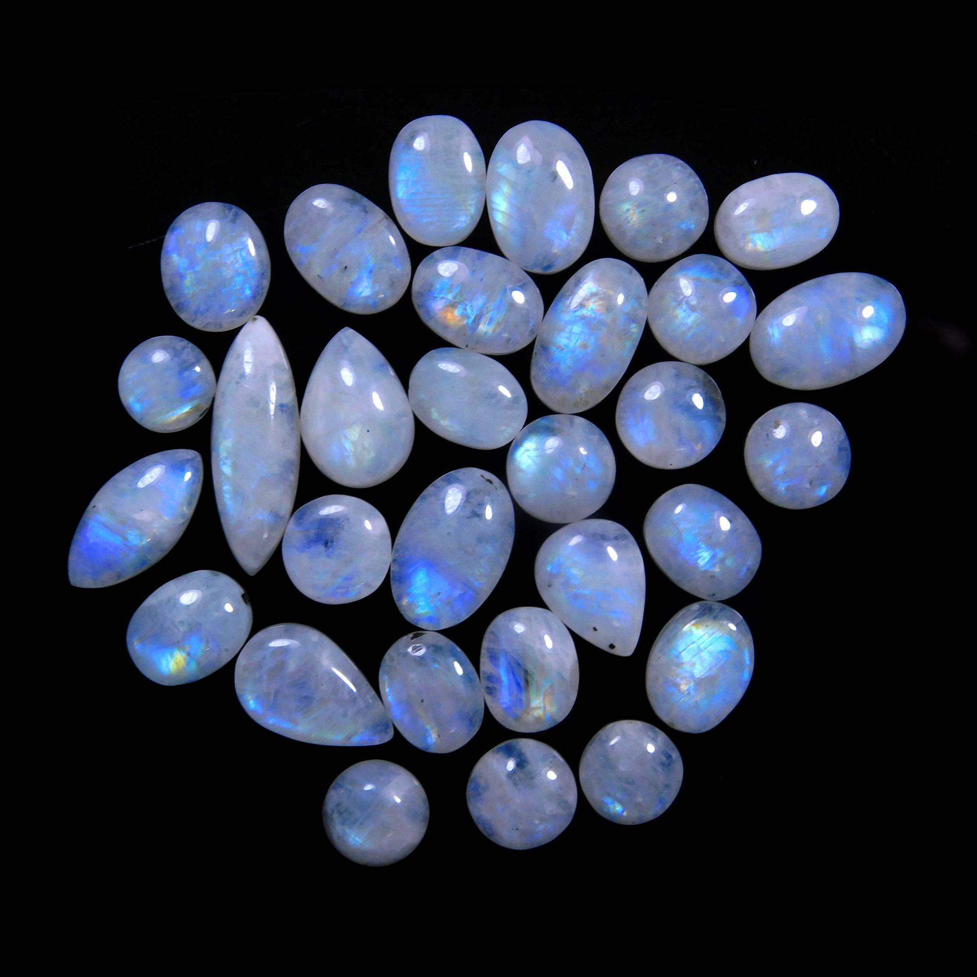 30 Pcs 124 Cts Natural Rainbow Moonstone Gemstone Cabochon Lot 7x7-22x7mmR-13999