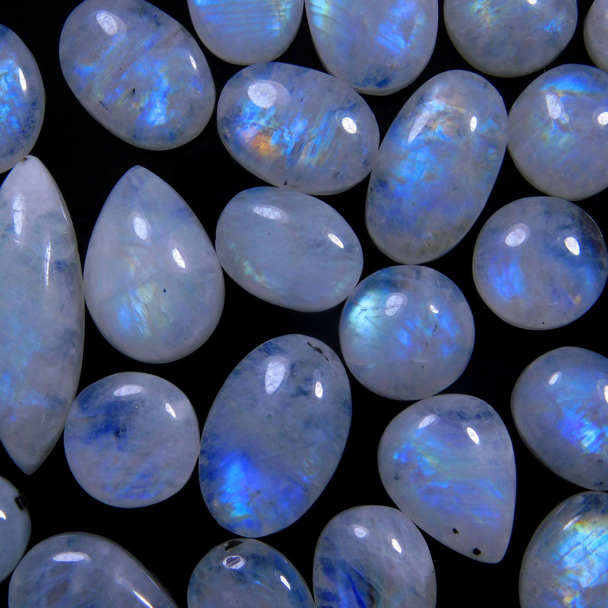 30 Pcs 124 Cts Natural Rainbow Moonstone Gemstone Cabochon Lot 7x7-22x7mmR-13999