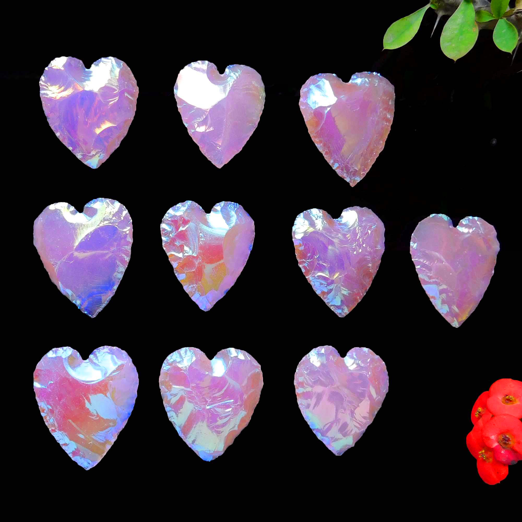 Aura Coated Rose Quartz Heart Carving