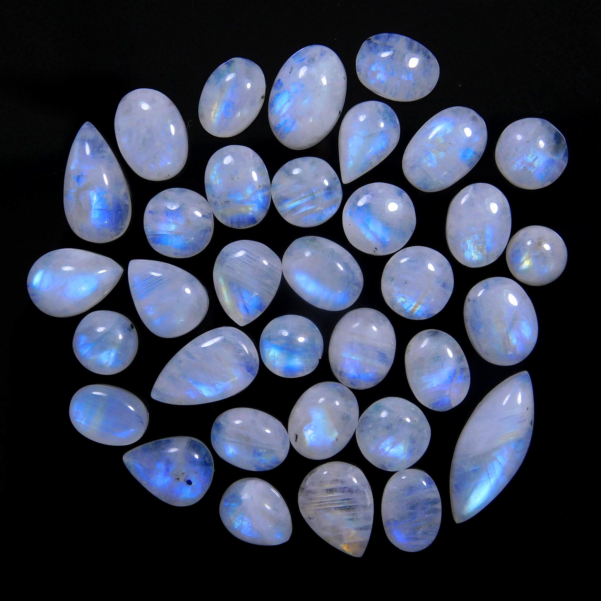 34 Pcs 137 Cts Natural Rainbow Moonstone Gemstone Cabochon Lot 7x7-21x8mm14001