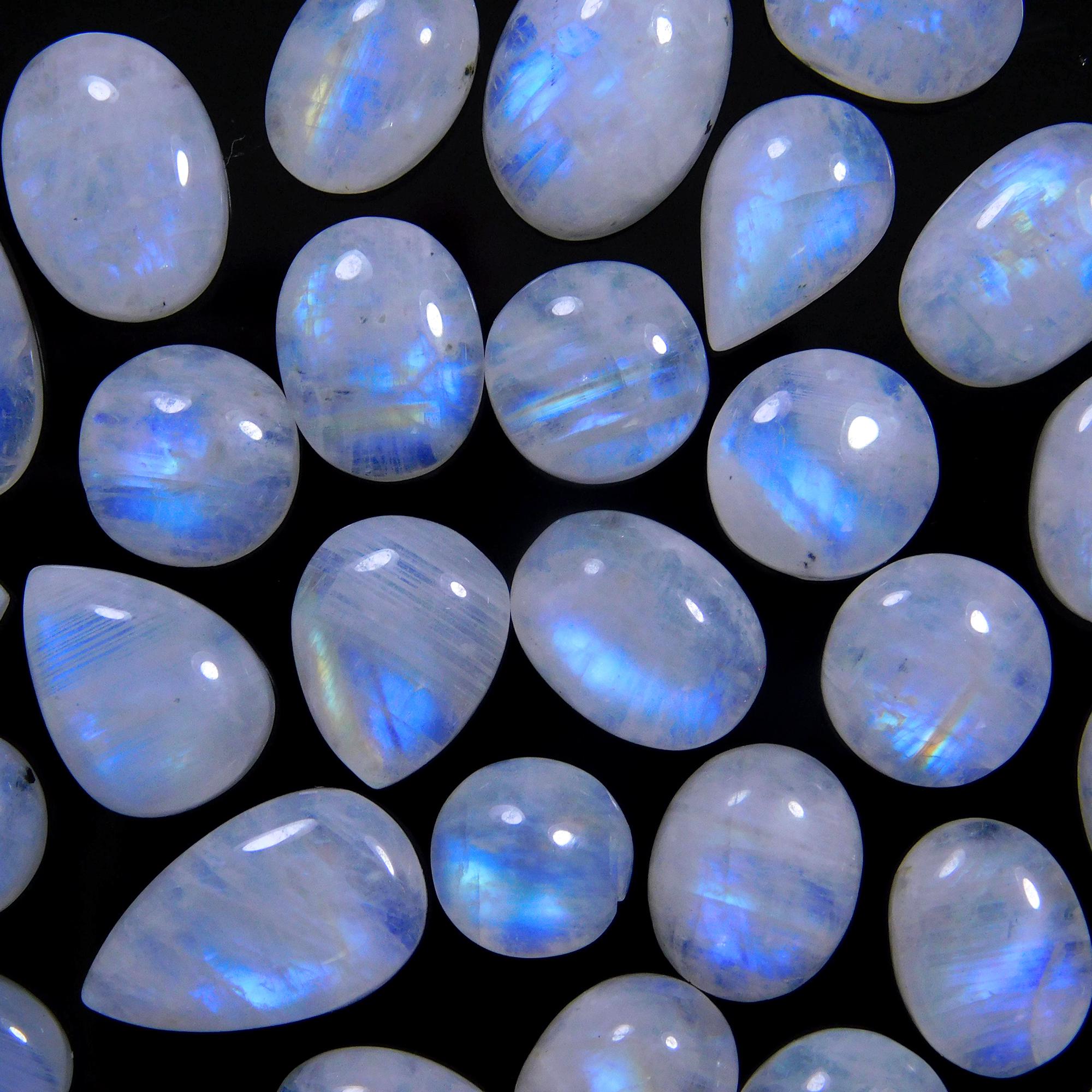 34 Pcs 137 Cts Natural Rainbow Moonstone Gemstone Cabochon Lot 7x7-21x8mm14001