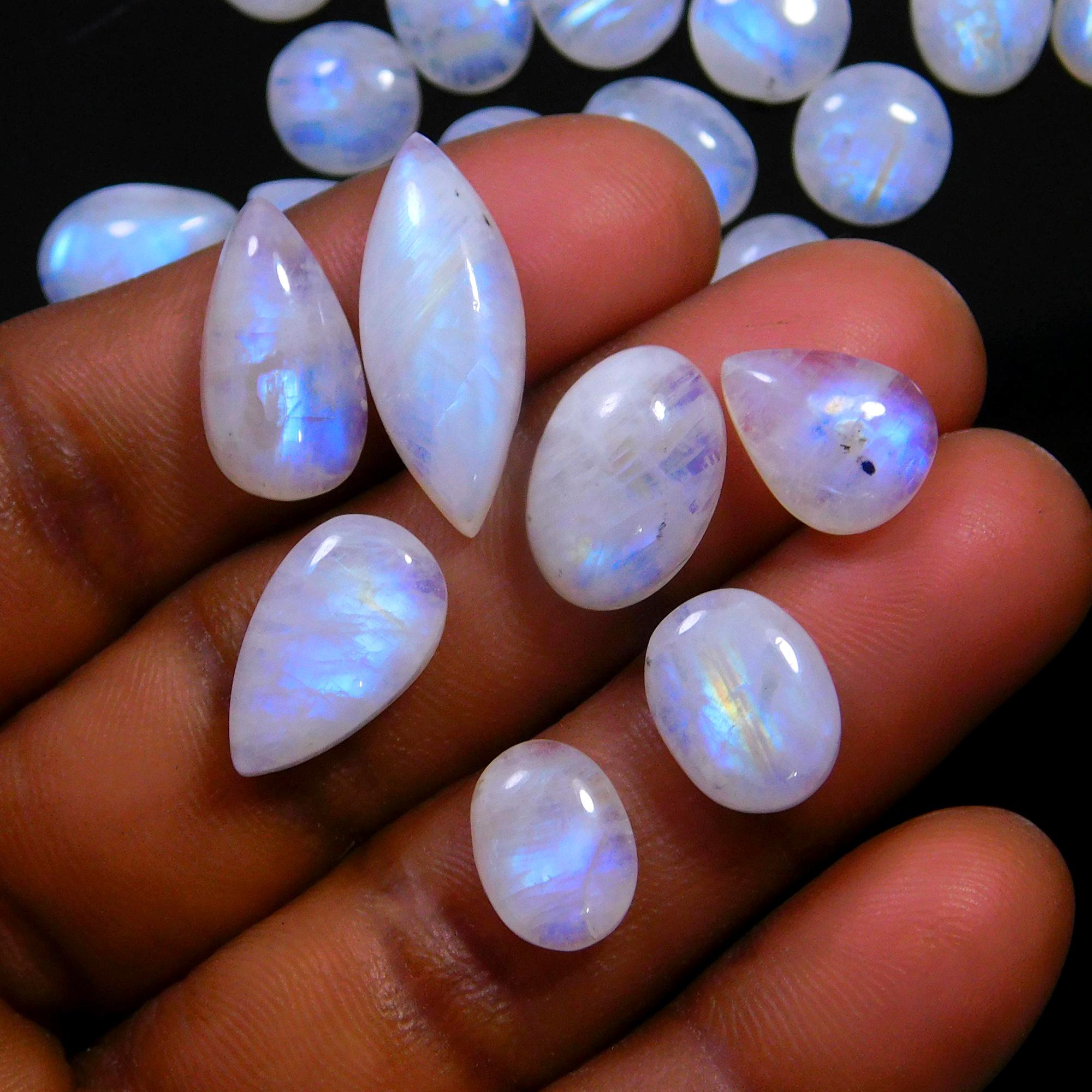 34 Pcs 137 Cts Natural Rainbow Moonstone Gemstone Cabochon Lot 7x7-21x8mmR-14001