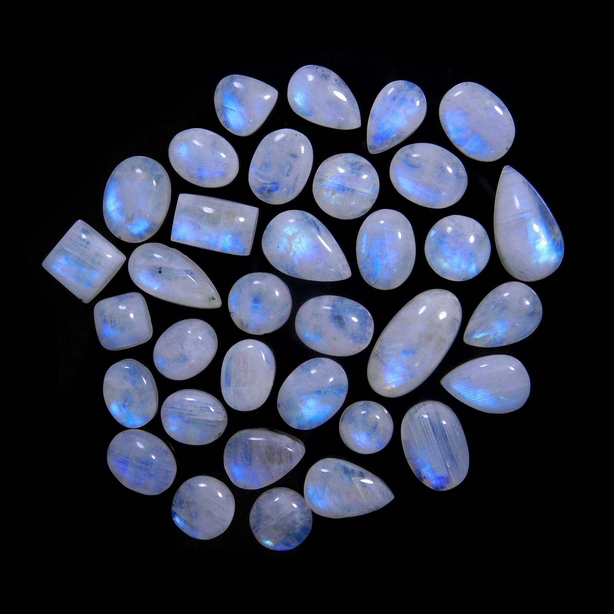 34 Pcs 142 Cts Natural Rainbow Moonstone Gemstone Cabochon Lot 7x7-17x8mm14002