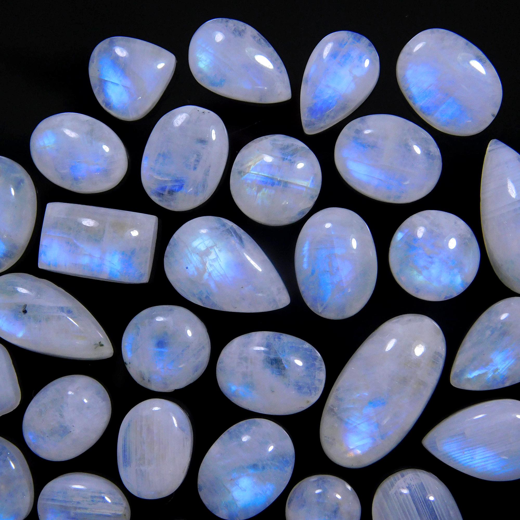 34 Pcs 142 Cts Natural Rainbow Moonstone Gemstone Cabochon Lot 7x7-17x8mm14002
